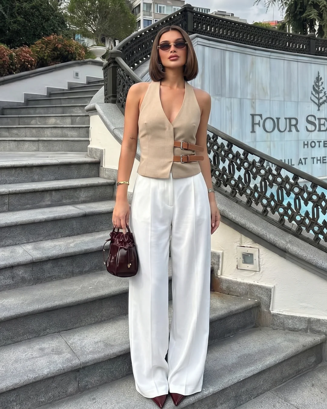 Beige Belted Halter Vest Top - Image 2
