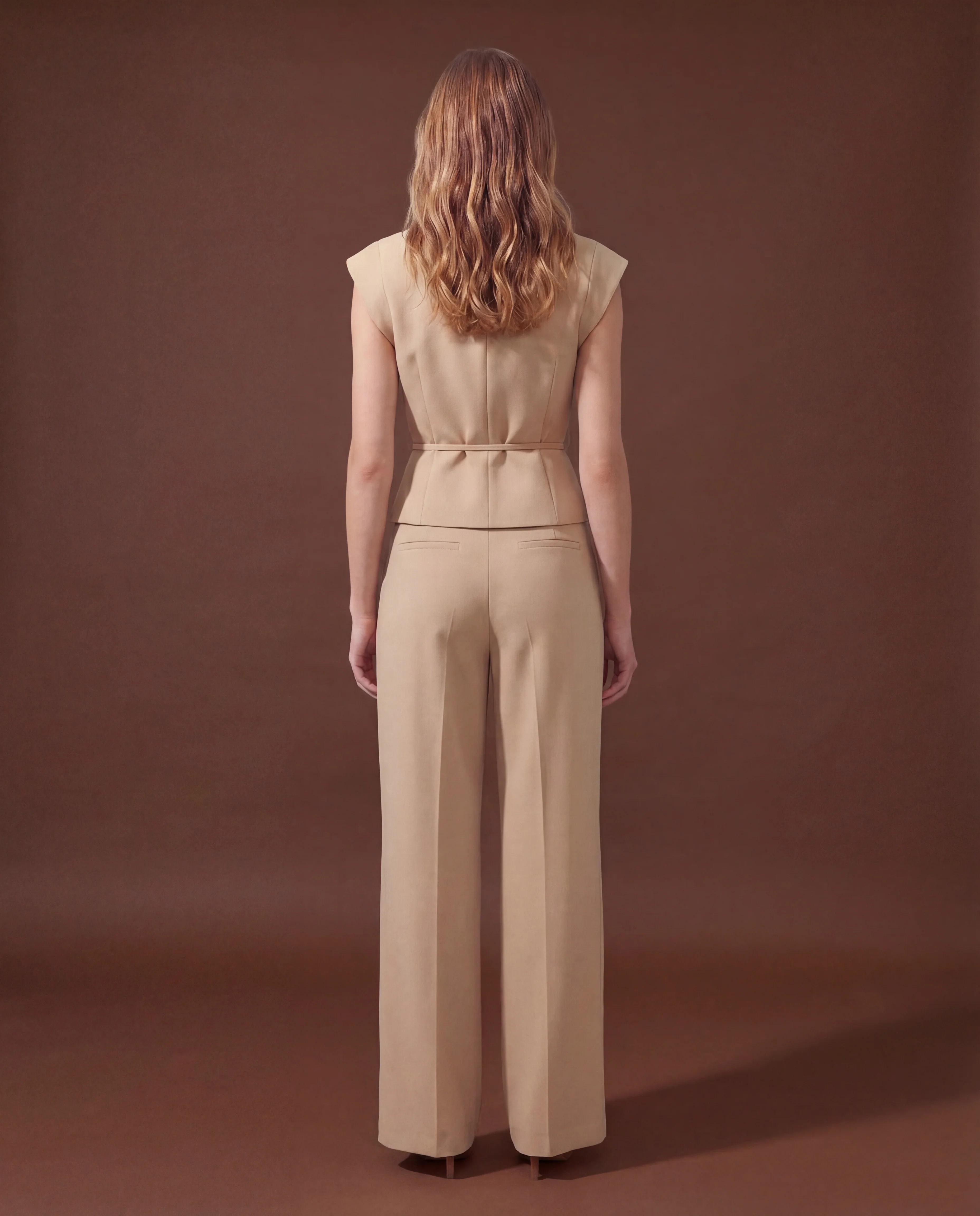Beige Tie Up Waist Coat Suit Set - Image 5