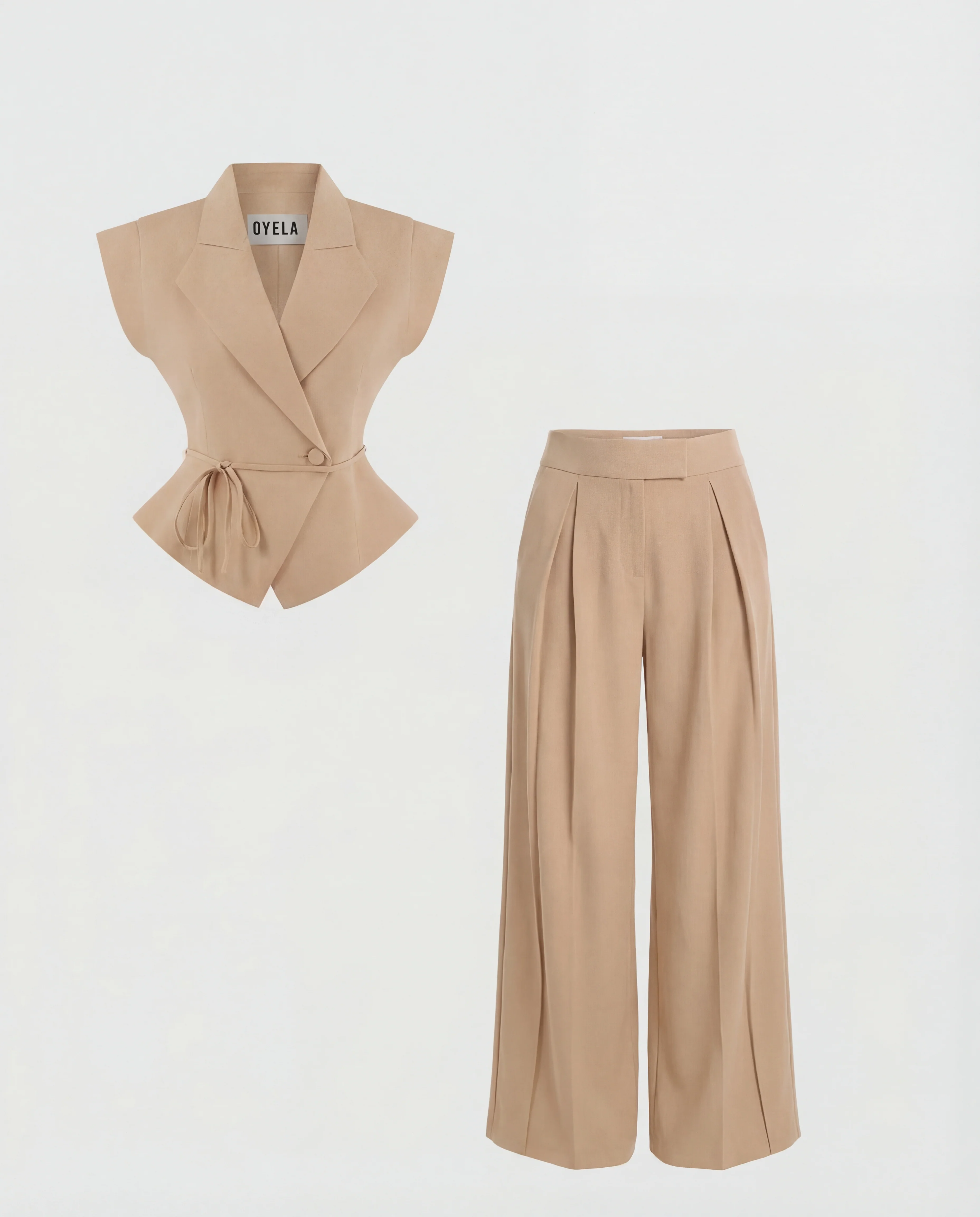 Beige Tie Up Waist Coat Suit Set - Image 7