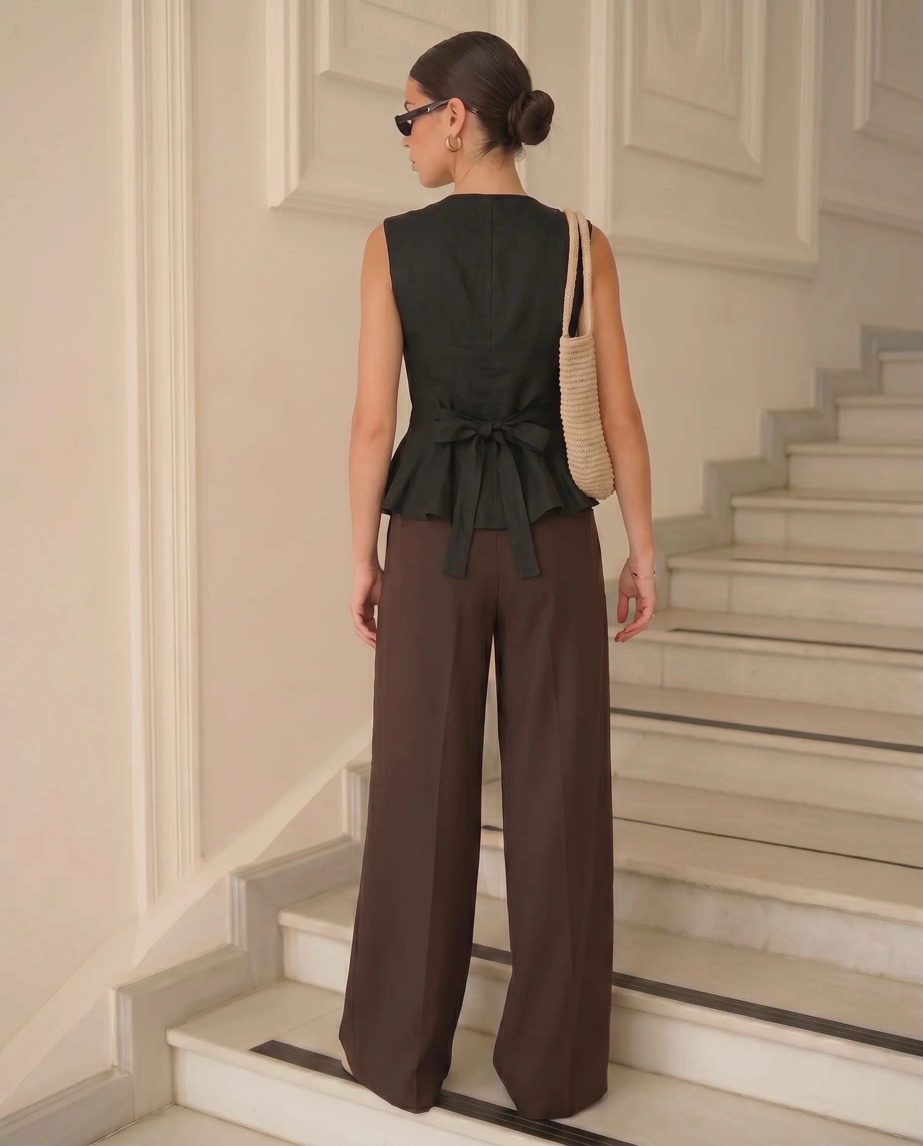 Black Buttoned Peplum Top and Dark Brown Pleated Pants With Belt - Image 4