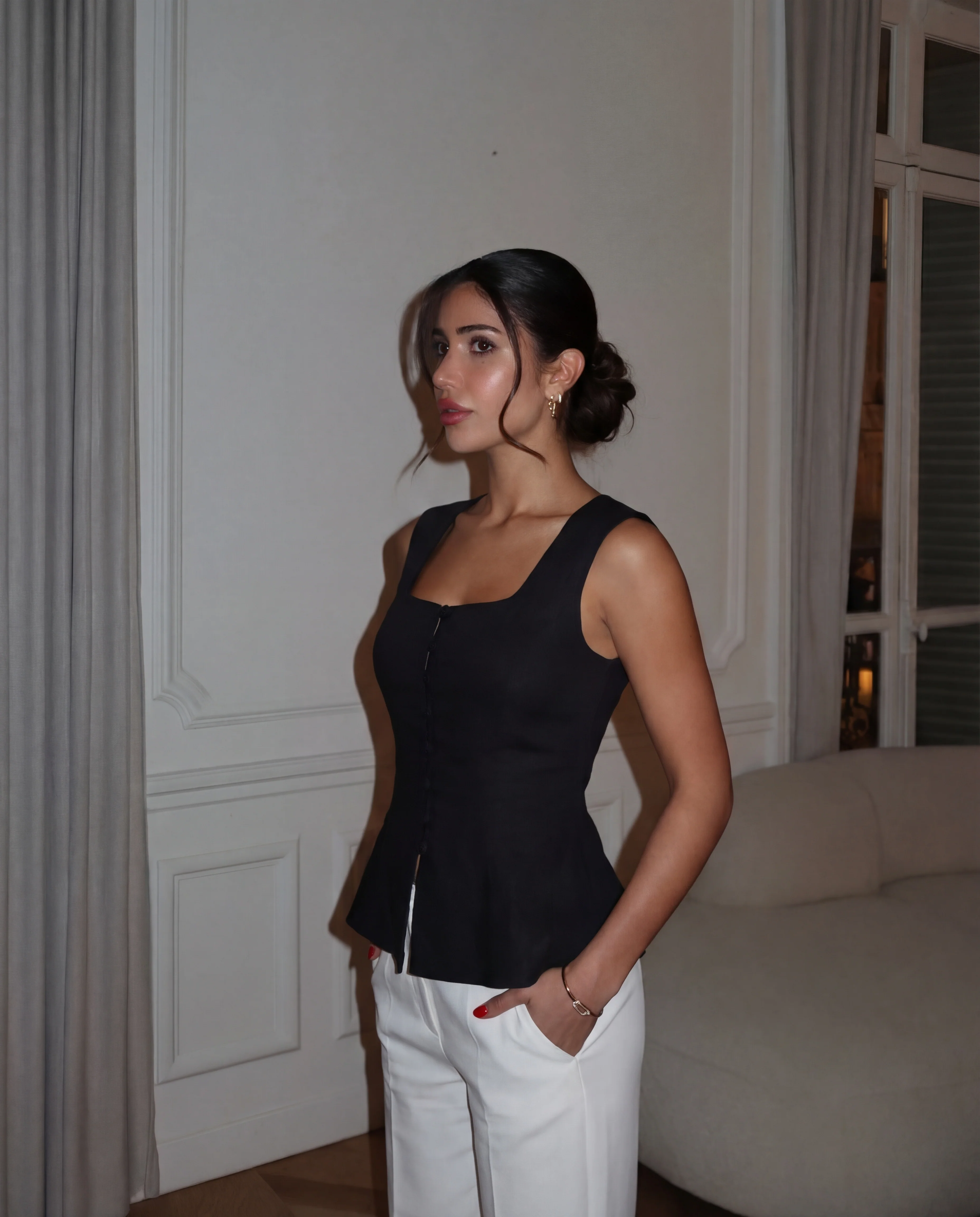 Black Square-Neck Peplum Top - Image 3