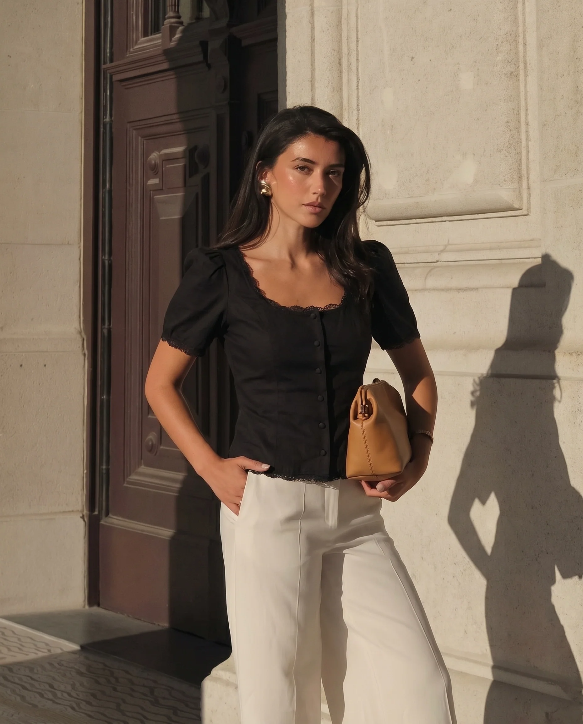 Black Lace-Trim Fitted Button-Up Top