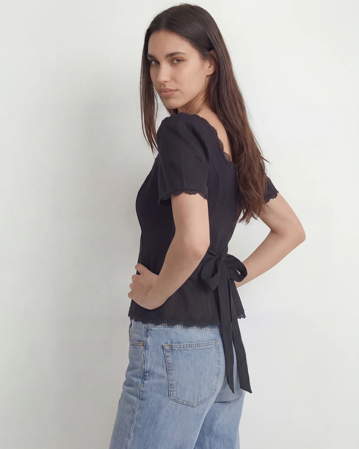 Black Lace-Trim Fitted Button-Up Top - Image 2