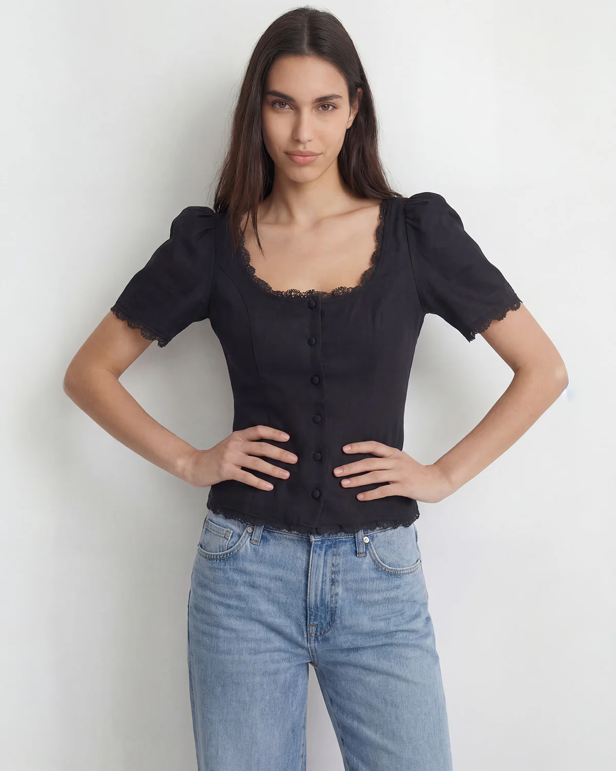 Black Lace-Trim Fitted Button-Up Top - Image 3