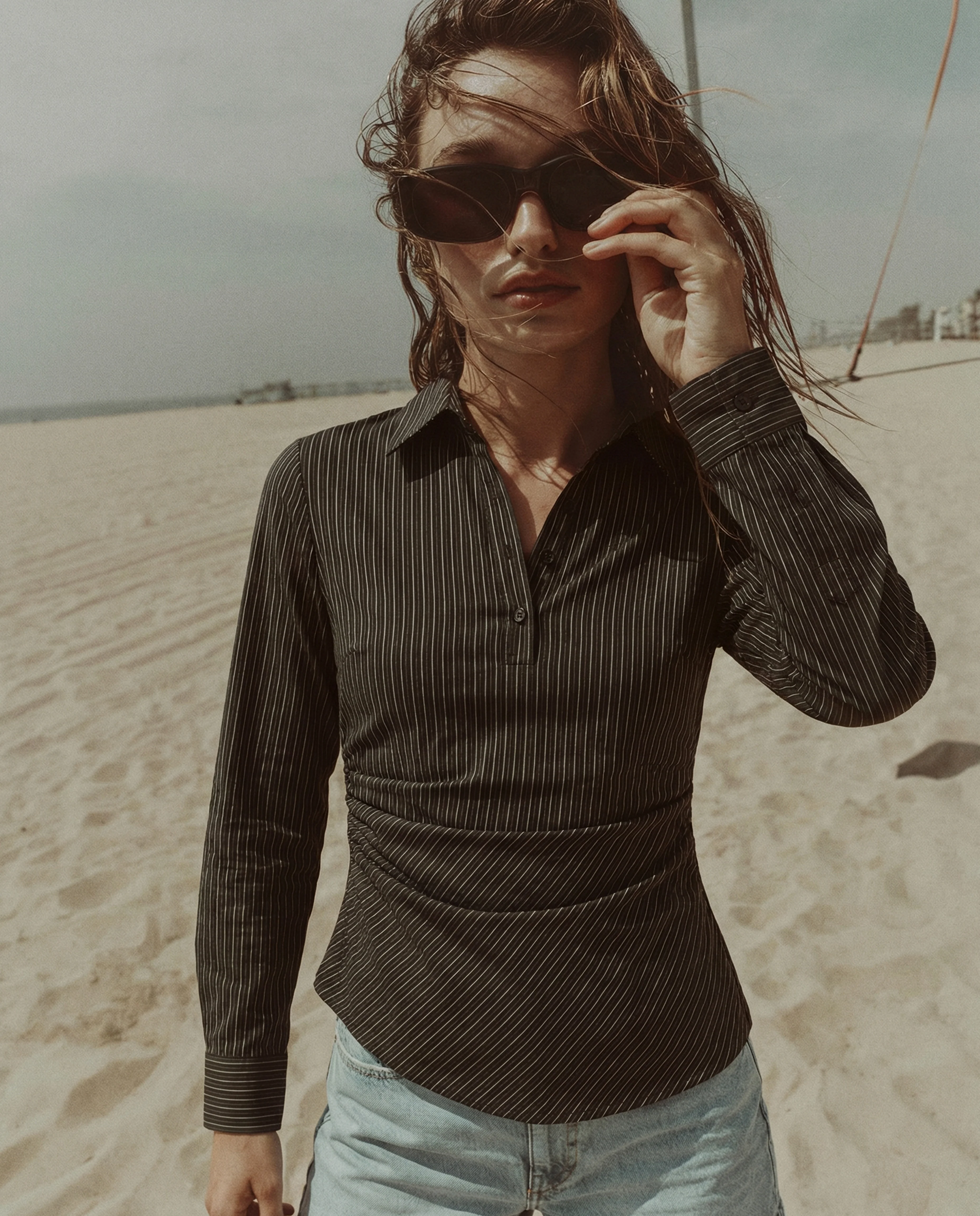 Black Pinstripe Asymmetric Hem Shirt