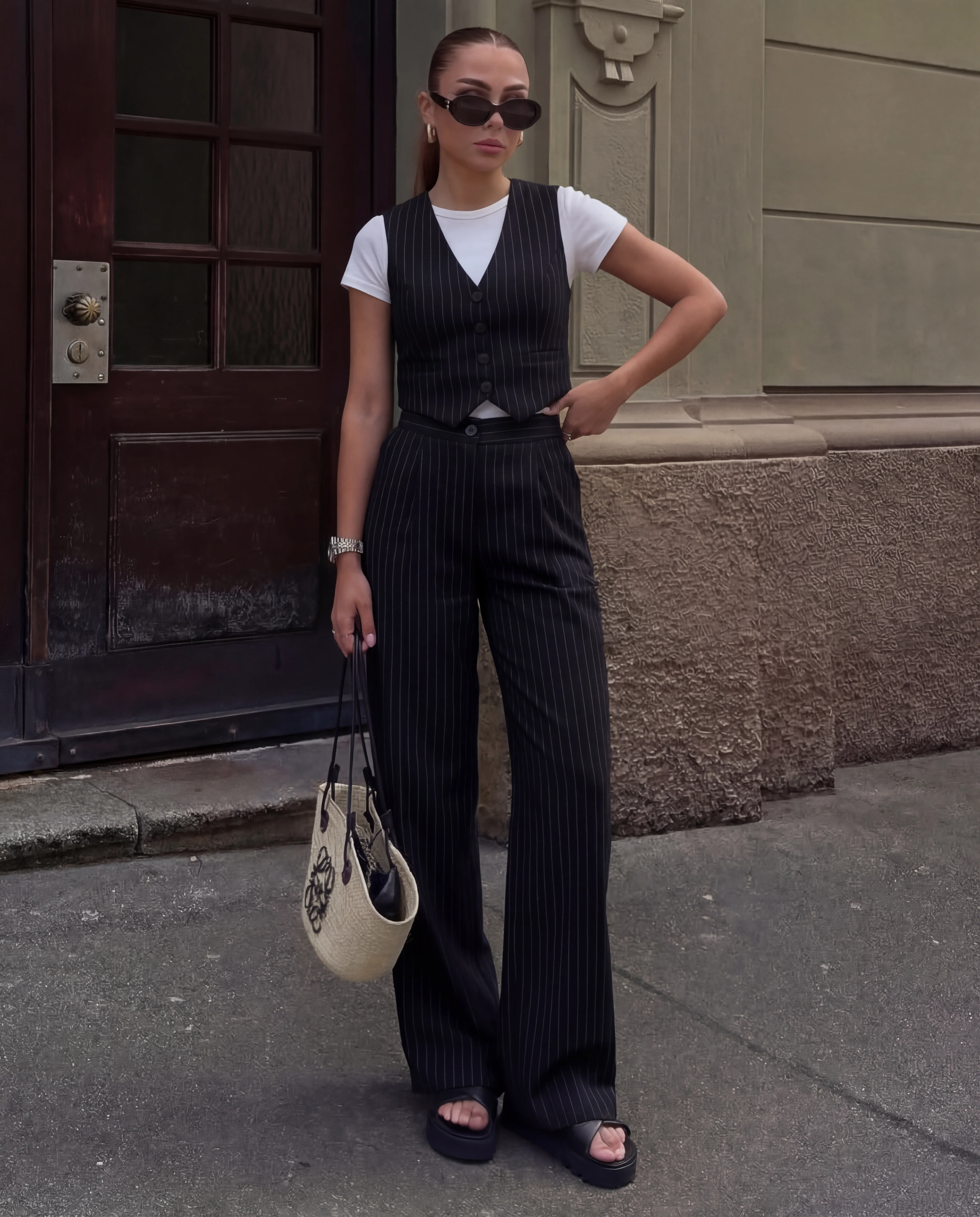 Black Pinstripe V Neck Vest and Pant Set - Image 2