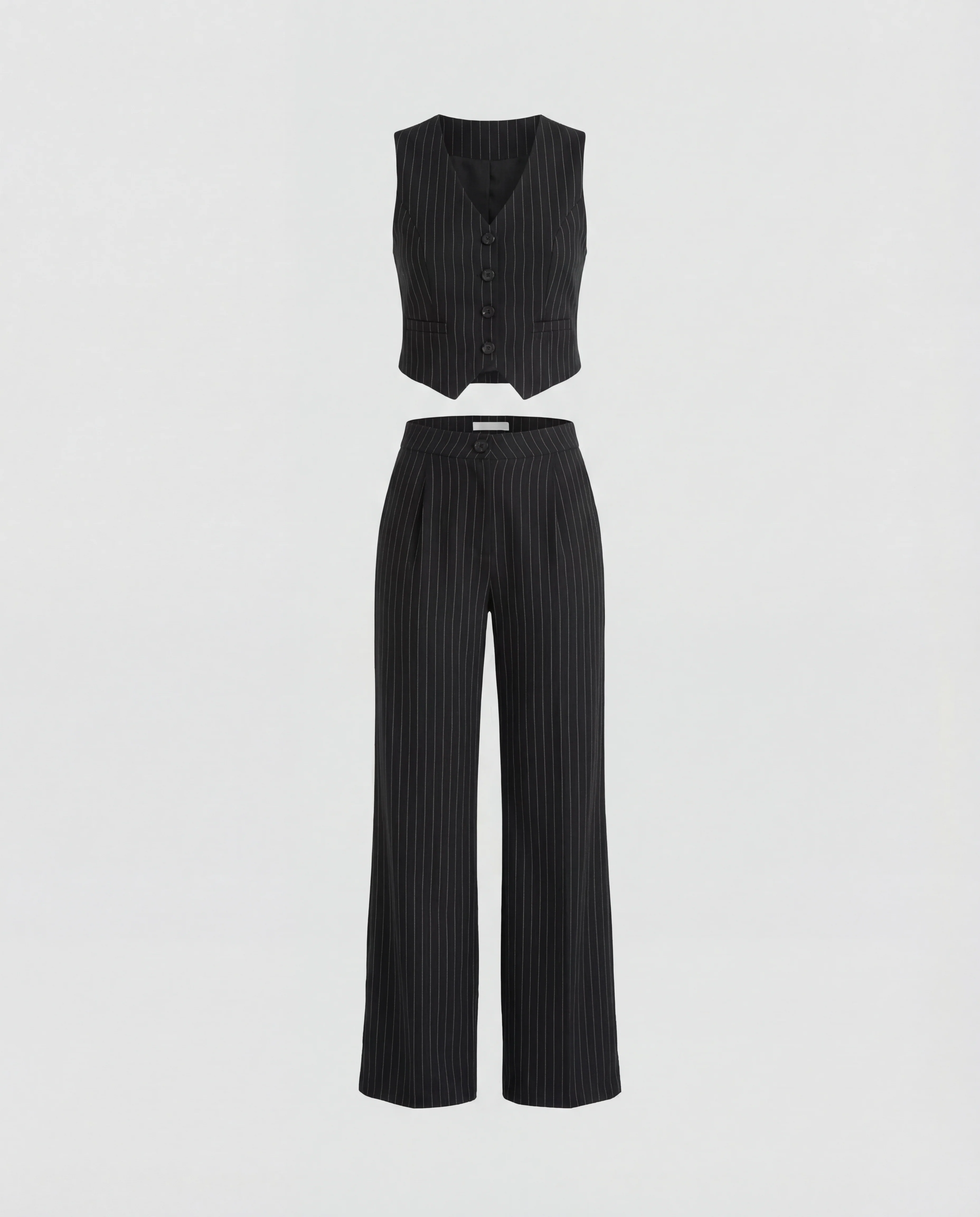 Black Pinstripe V Neck Vest and Pant Set - Image 4