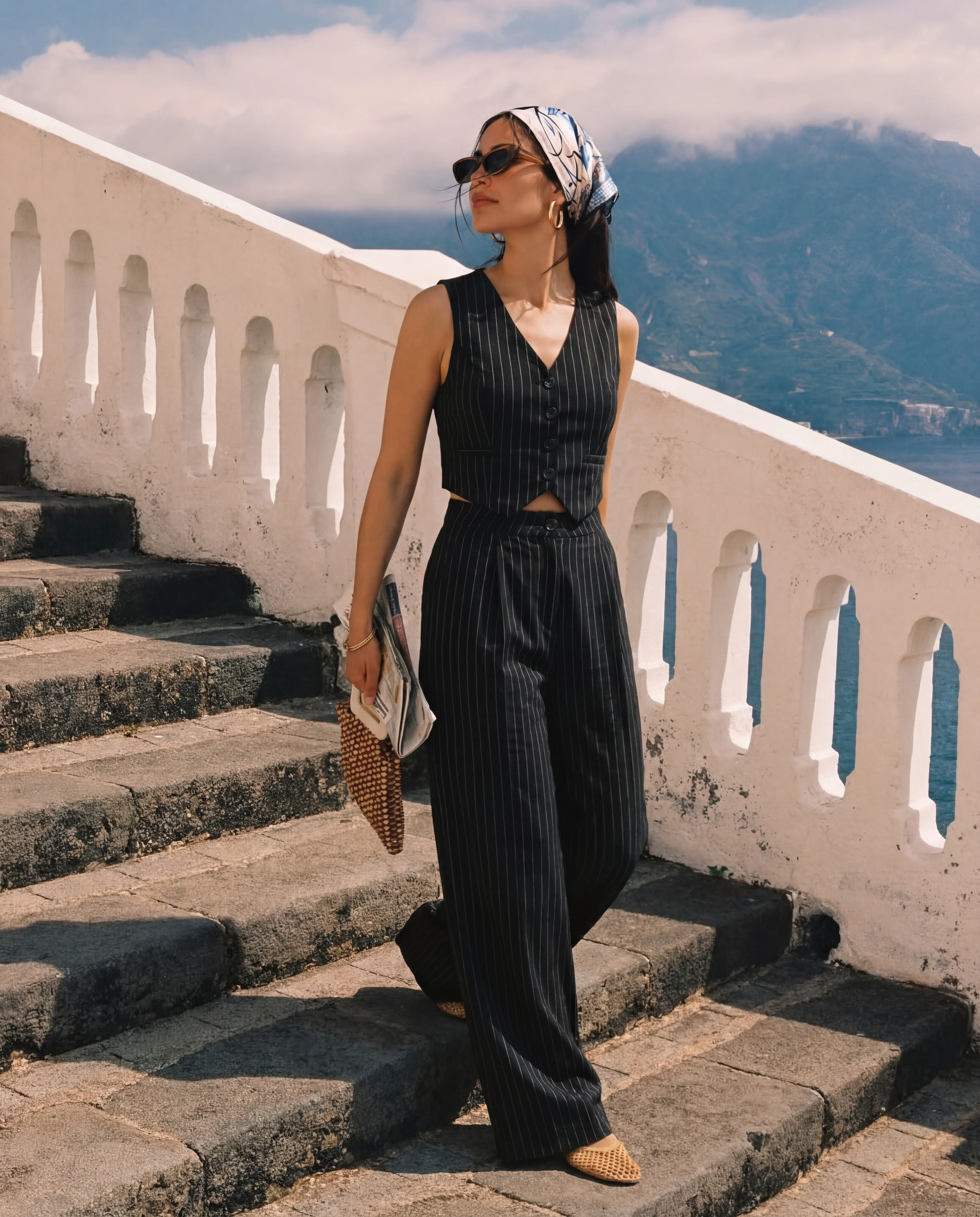 Black Pinstripe V Neck Vest and Pant Set - Image 5