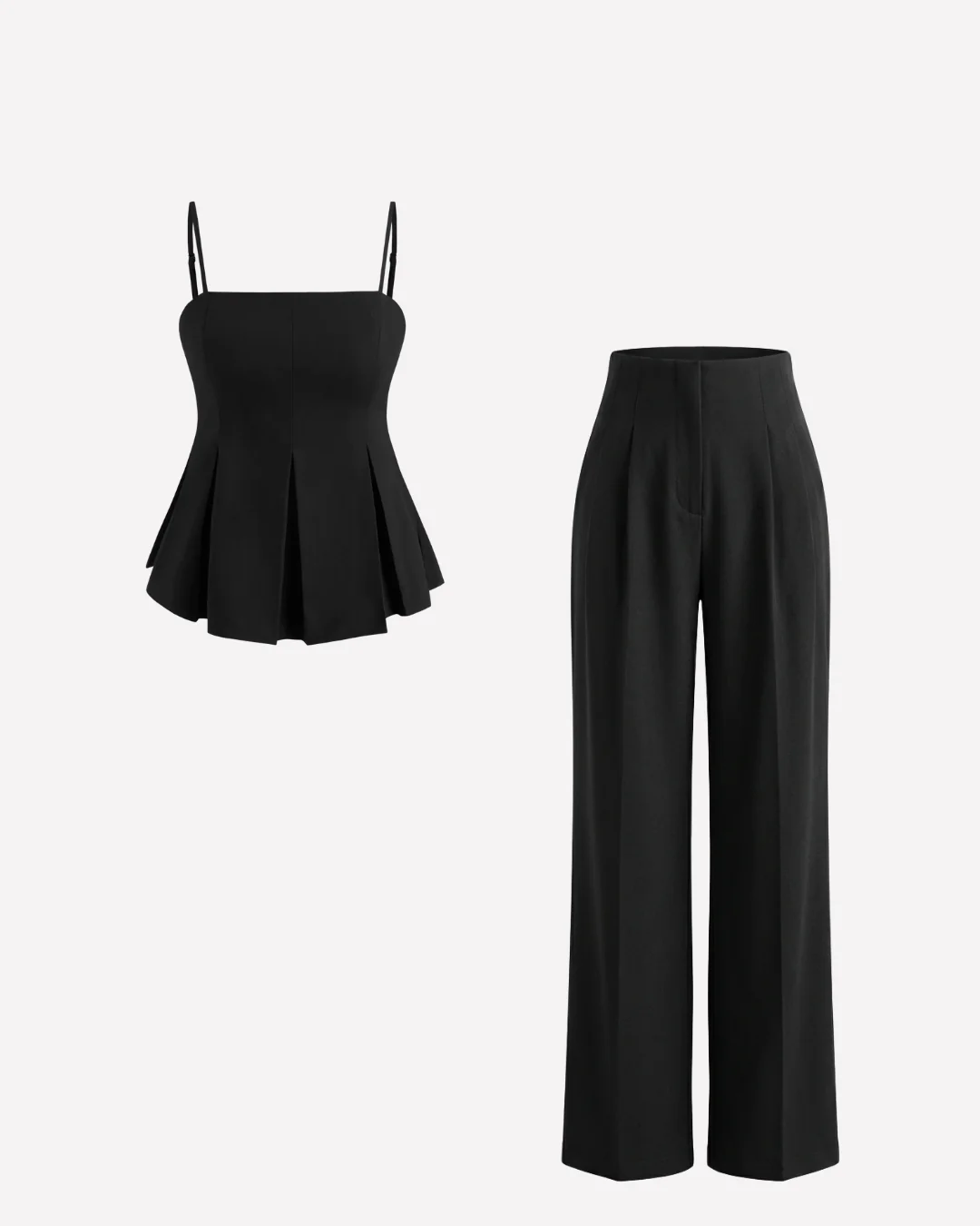Black Pleated Spaghetti Top and Smocked Detail Korean Trousers - Image 2