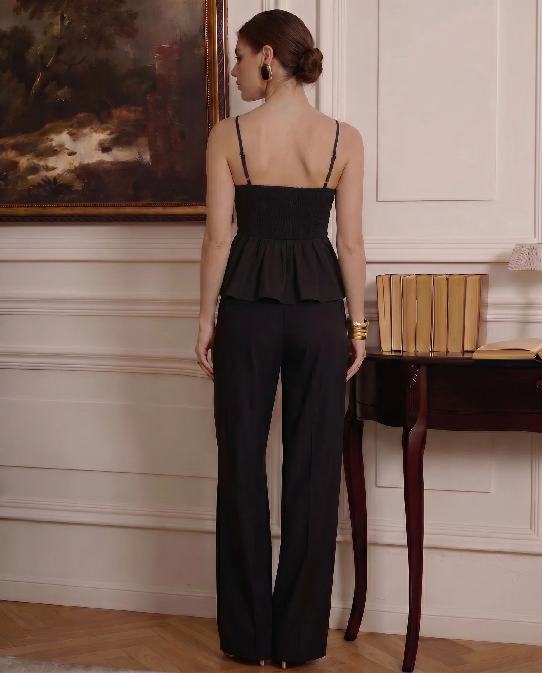 Black Pleated Spaghetti Top and Smocked Detail Korean Trousers - Image 4