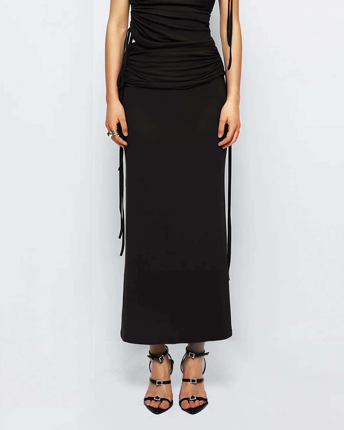 Black Ruched Top And Slit Skirt Co Ord Set - Image 4