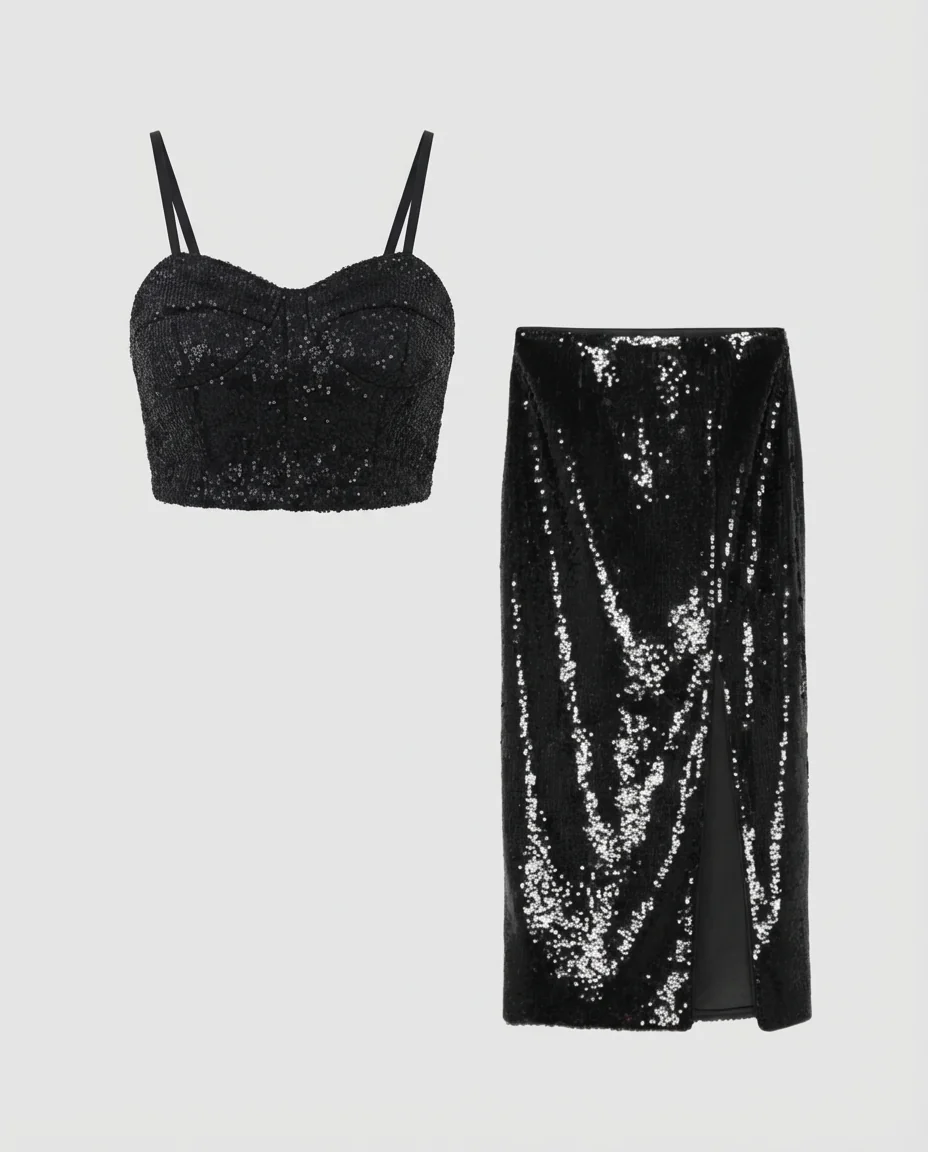 Black Sequin Top and Skirt Coord Set - Image 4