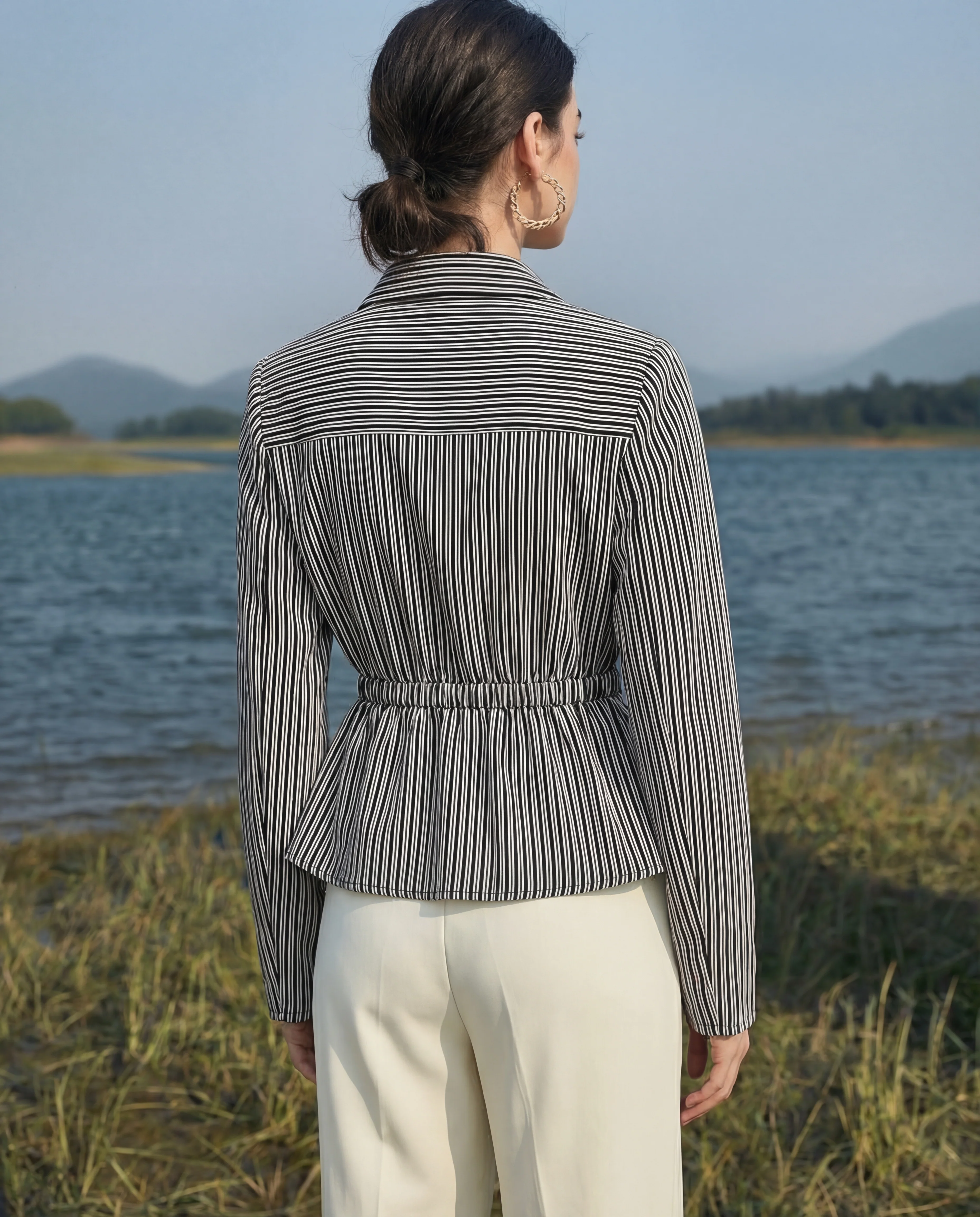 Black Snatched Waist Striped Shirt - Image 4