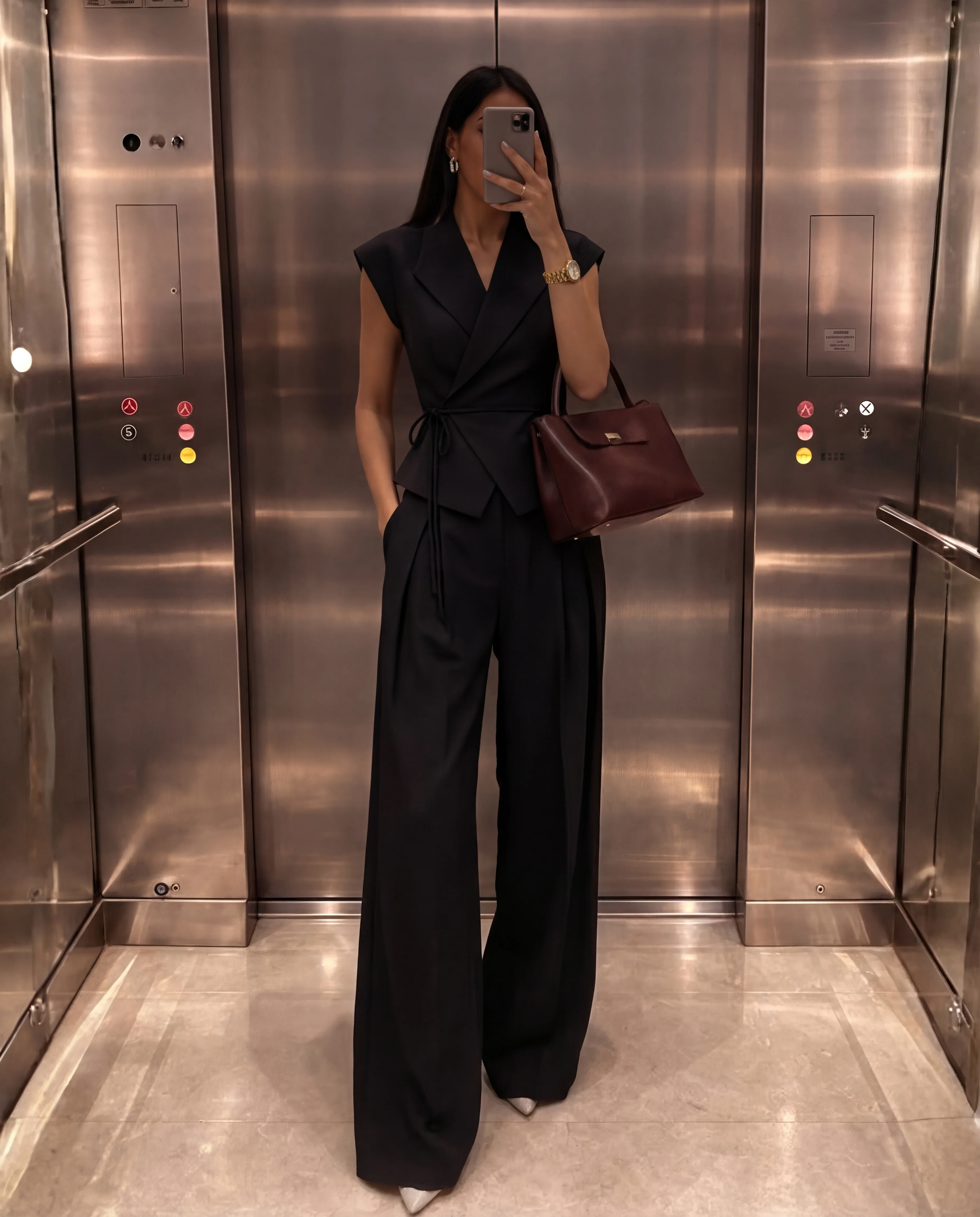 Black Tailored Peplum Vest and Wide Leg Pant Set - Image 6
