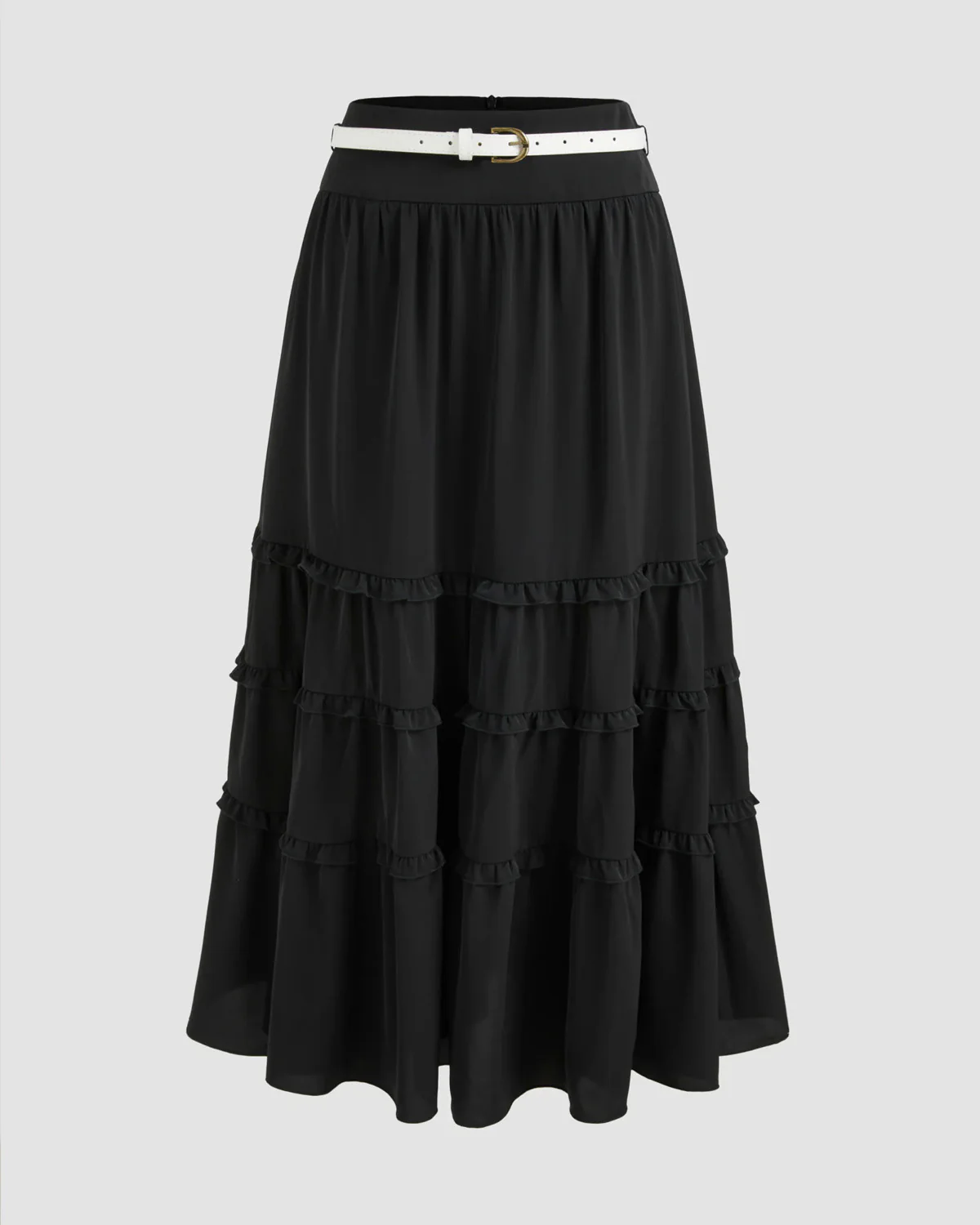 Black Tiered Maxi Skirt with White Belt - Image 5