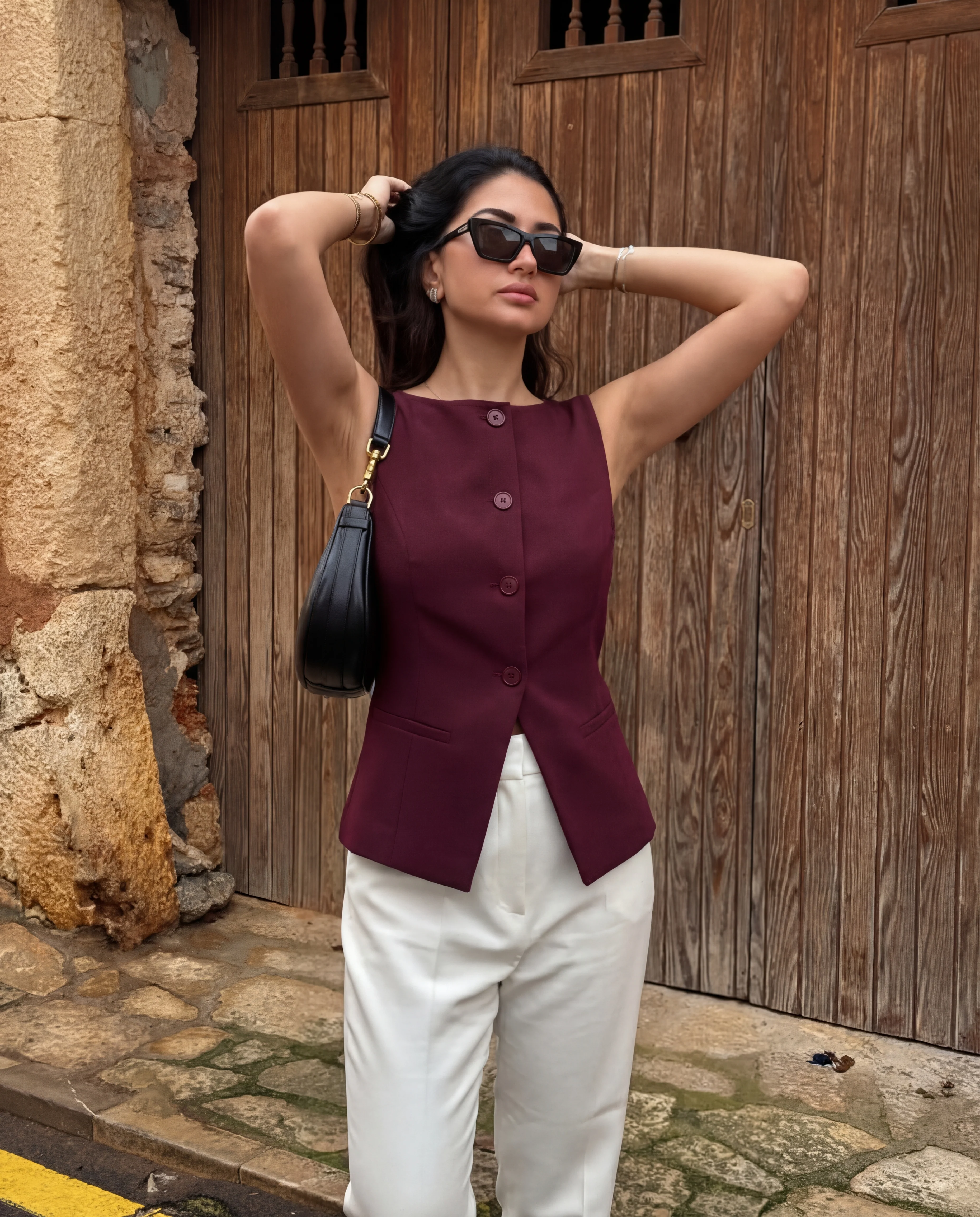 Boat Neck Slit Waist Coat - Burgundy - Image 5