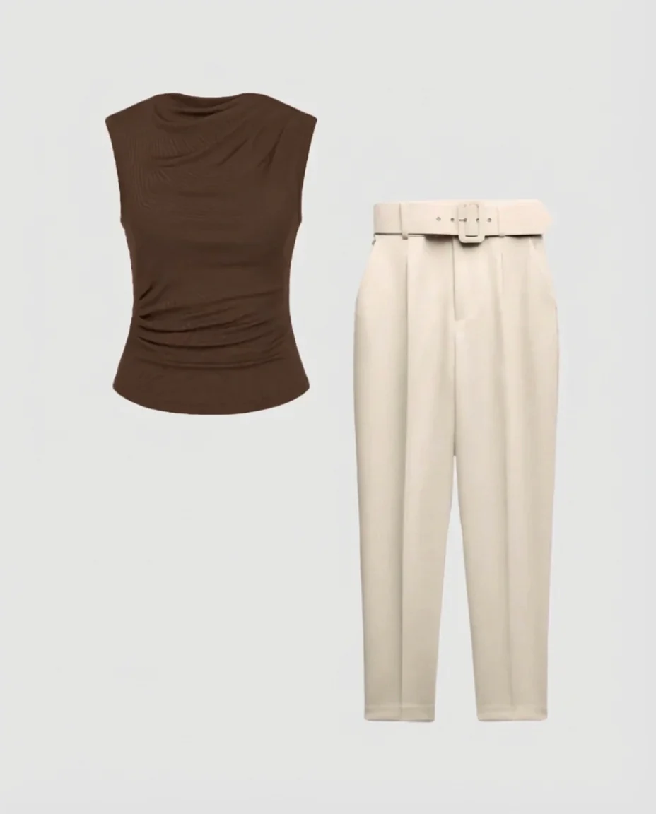Brown Cowl Neck Top with Beige Belted Tapered Pants Set