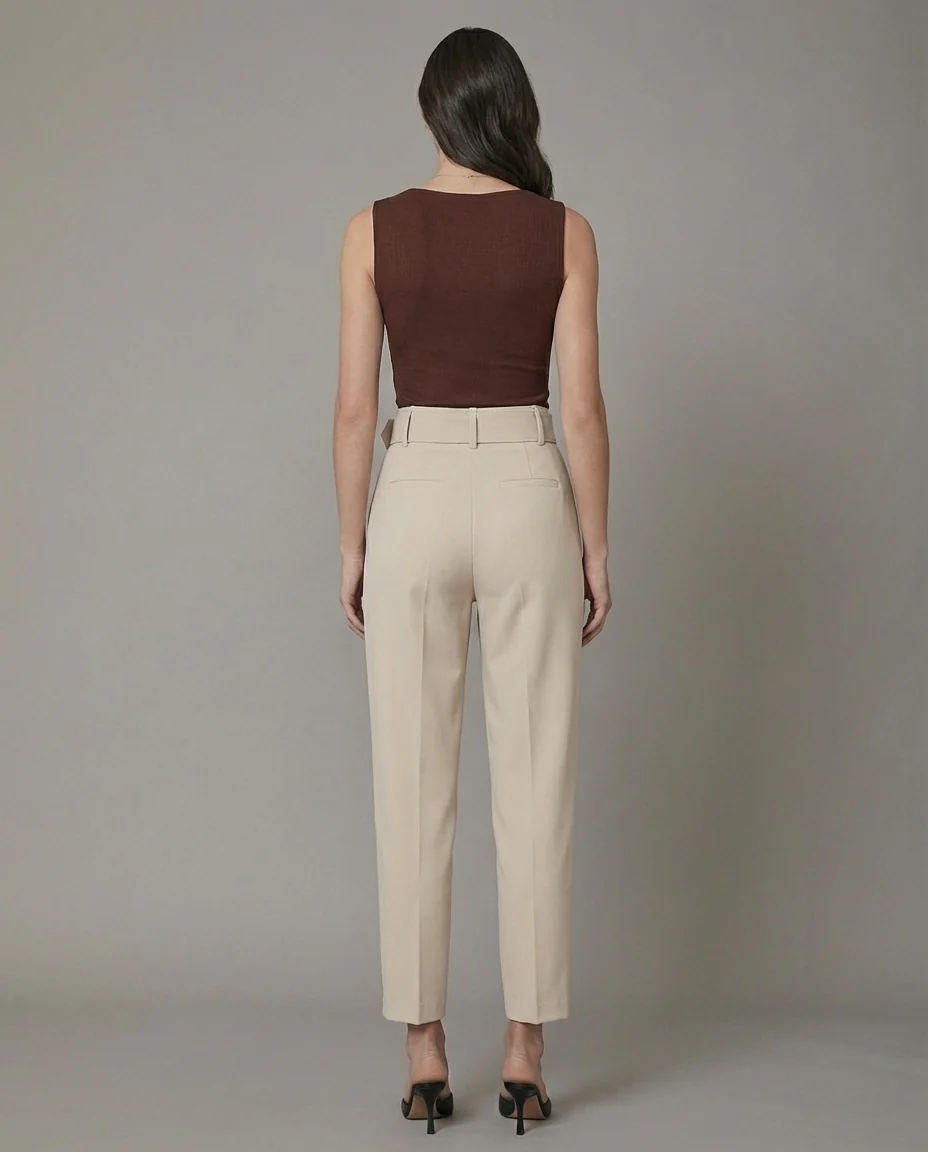 Brown Cowl Neck Top with Beige Belted Tapered Pants Set - Image 3