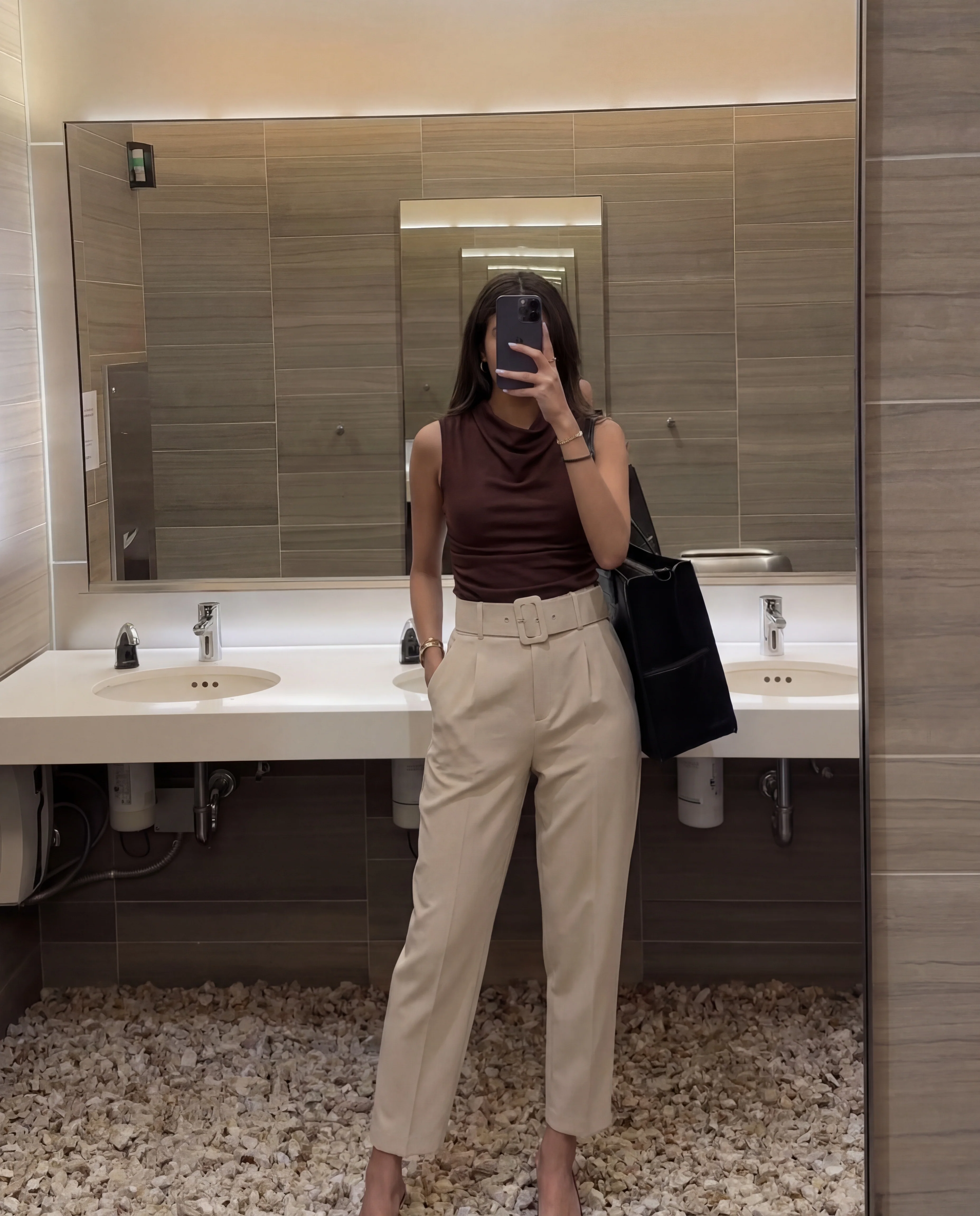 Brown Cowl Neck Top with Beige Belted Tapered Pants Set - Image 6
