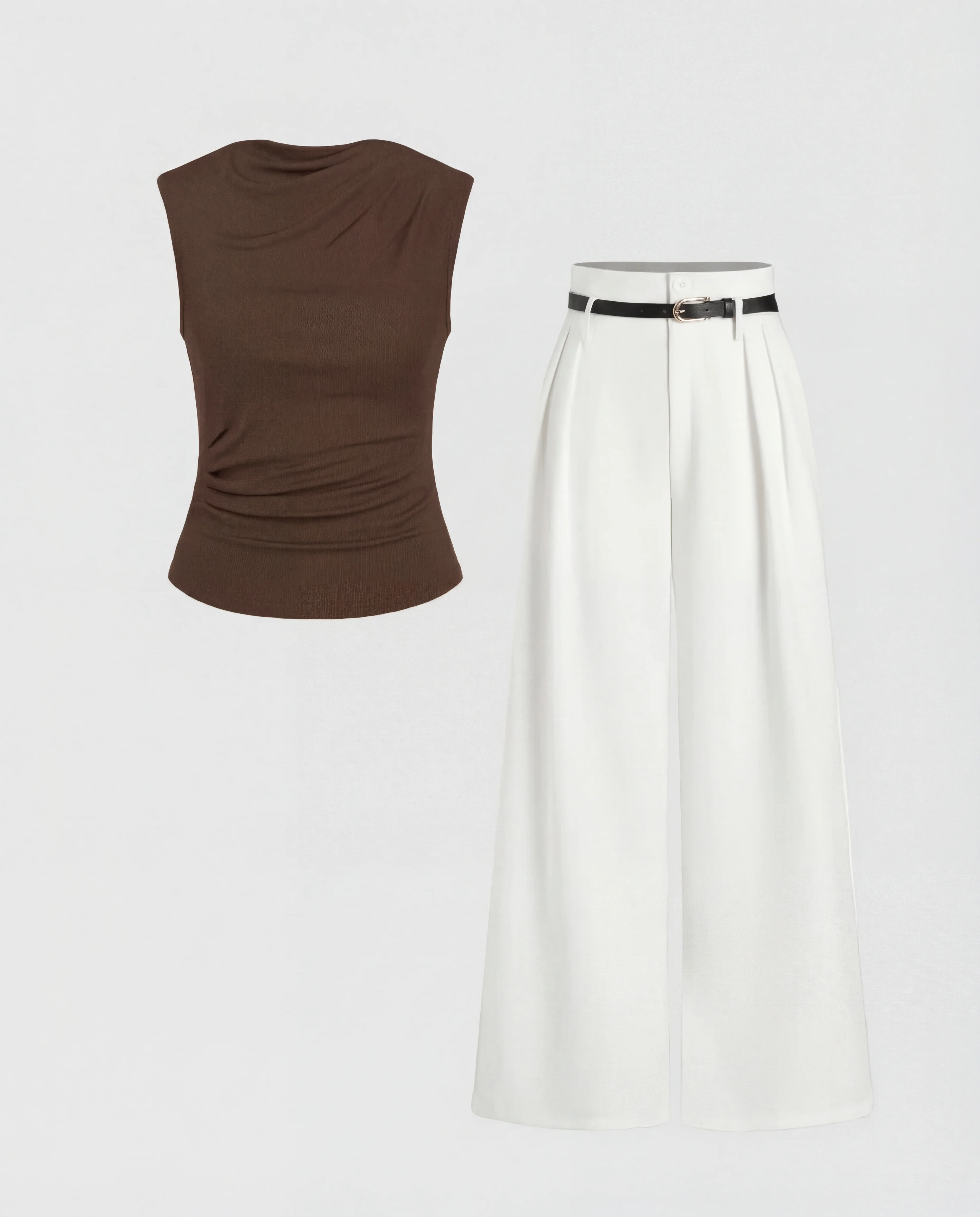 Brown Cowl Neck Ribbed Top And White Pleated Pants Set (With Belt) - Image 2
