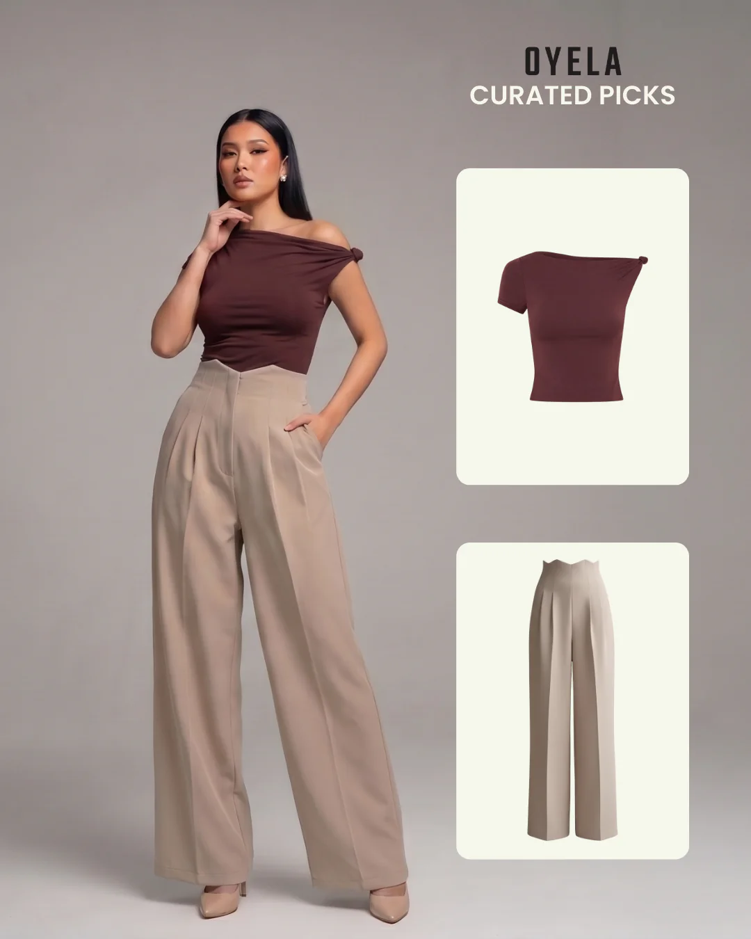 Brown Knot Fitted Top and Corset Waist Pleated Pants