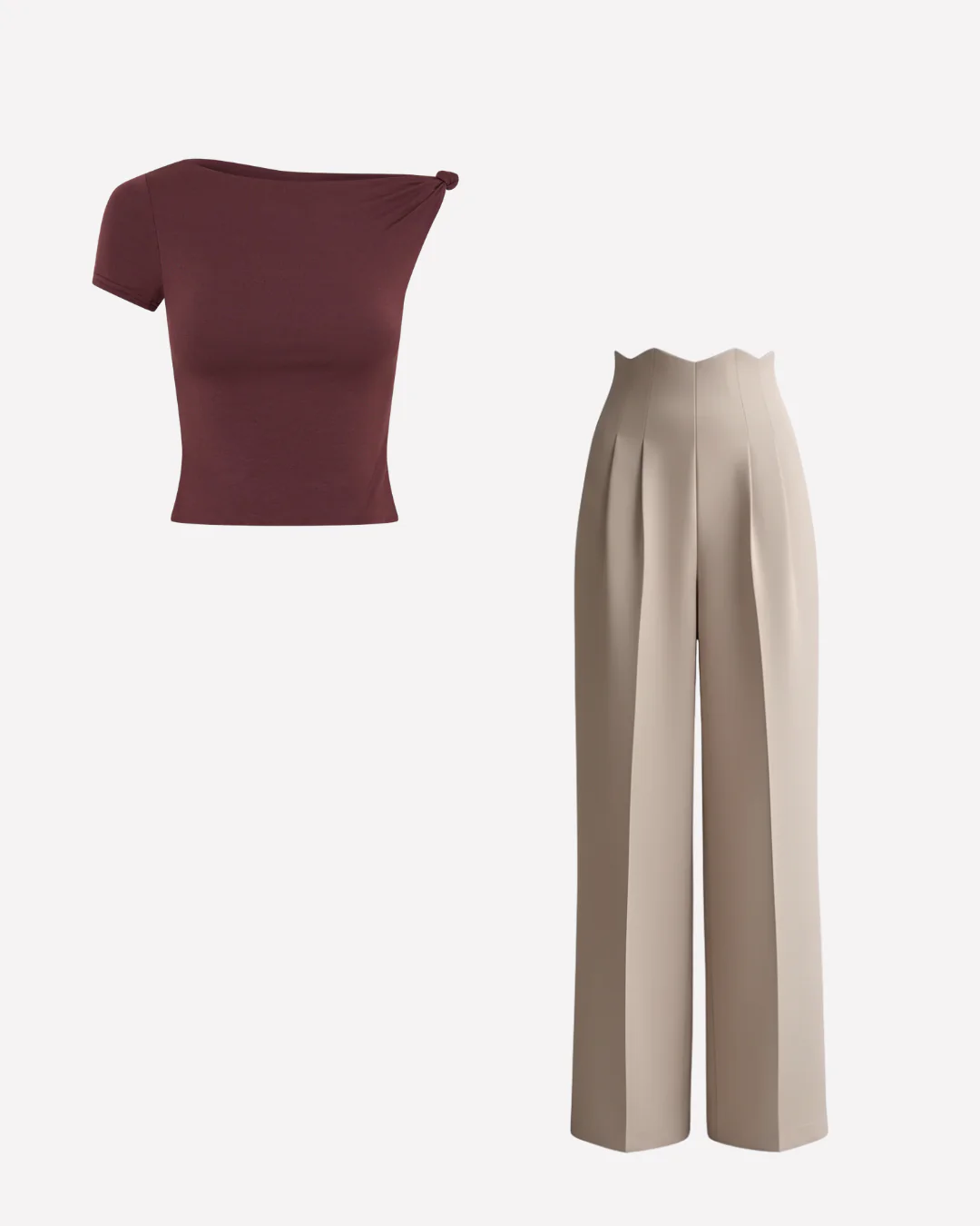 Brown Knot Fitted Top and Corset Waist Pleated Pants - Image 2