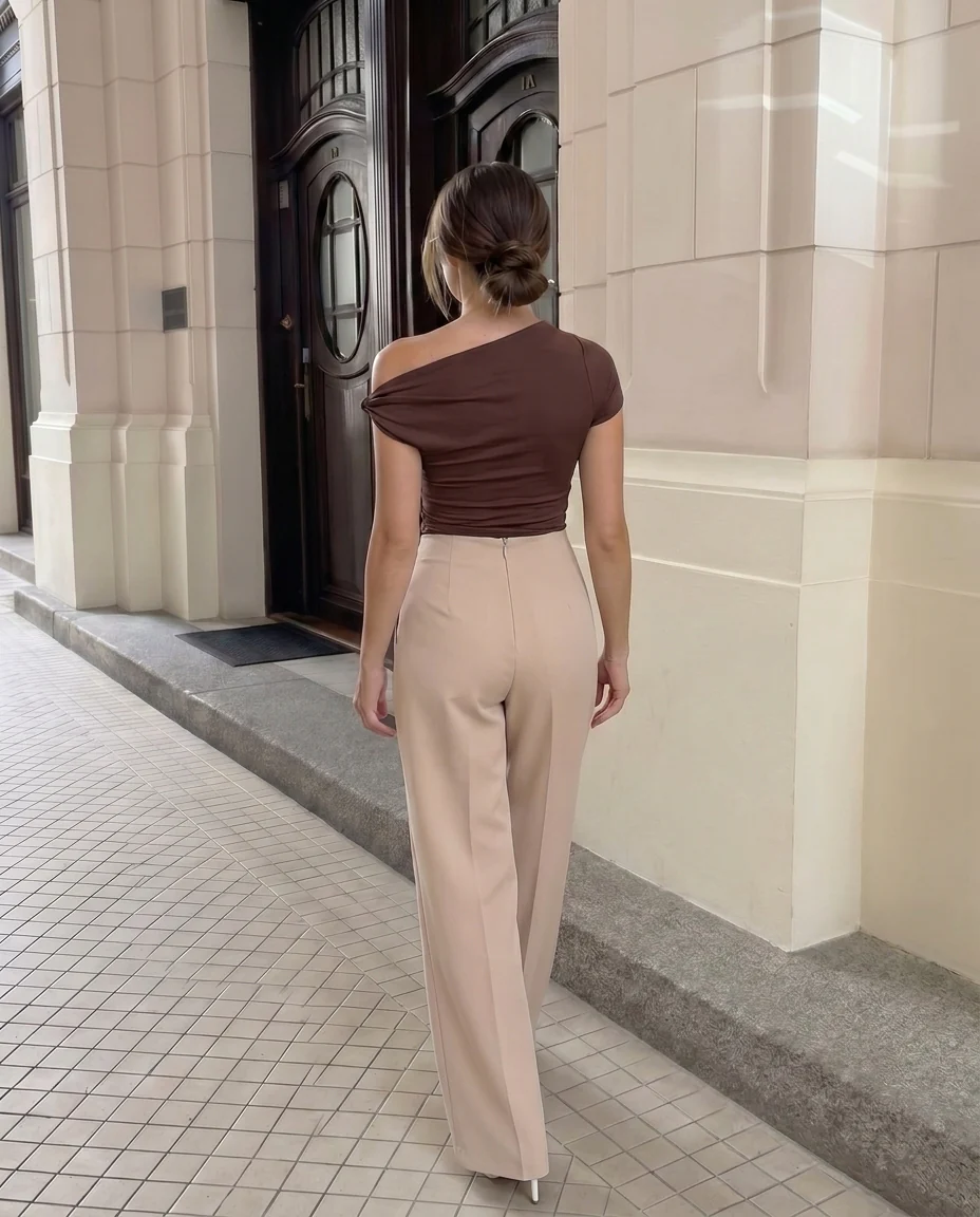 Brown Knot Fitted Top and Corset Waist Pleated Pants - Image 4