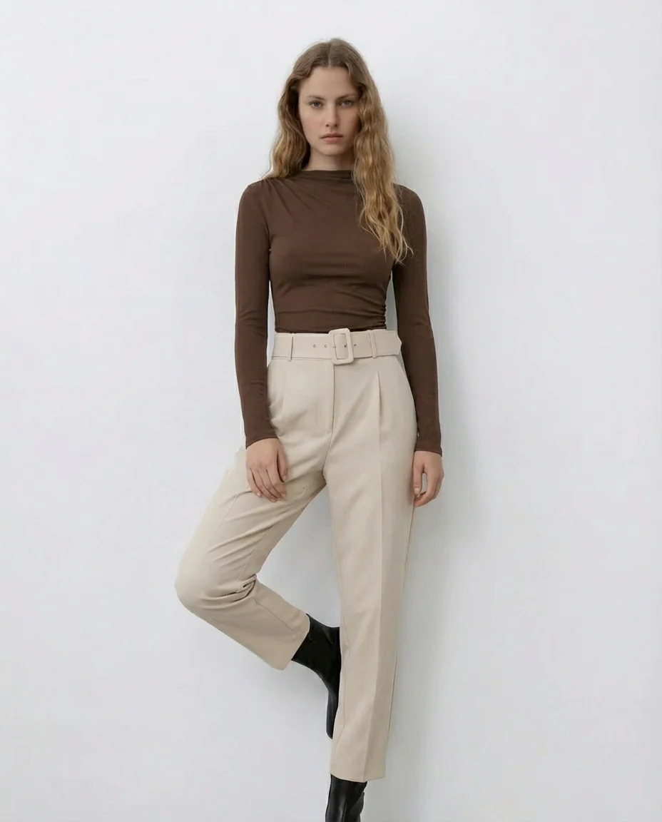 Brown Ribbed Bodysuit with Belted Tapered Pant Set - Image 4