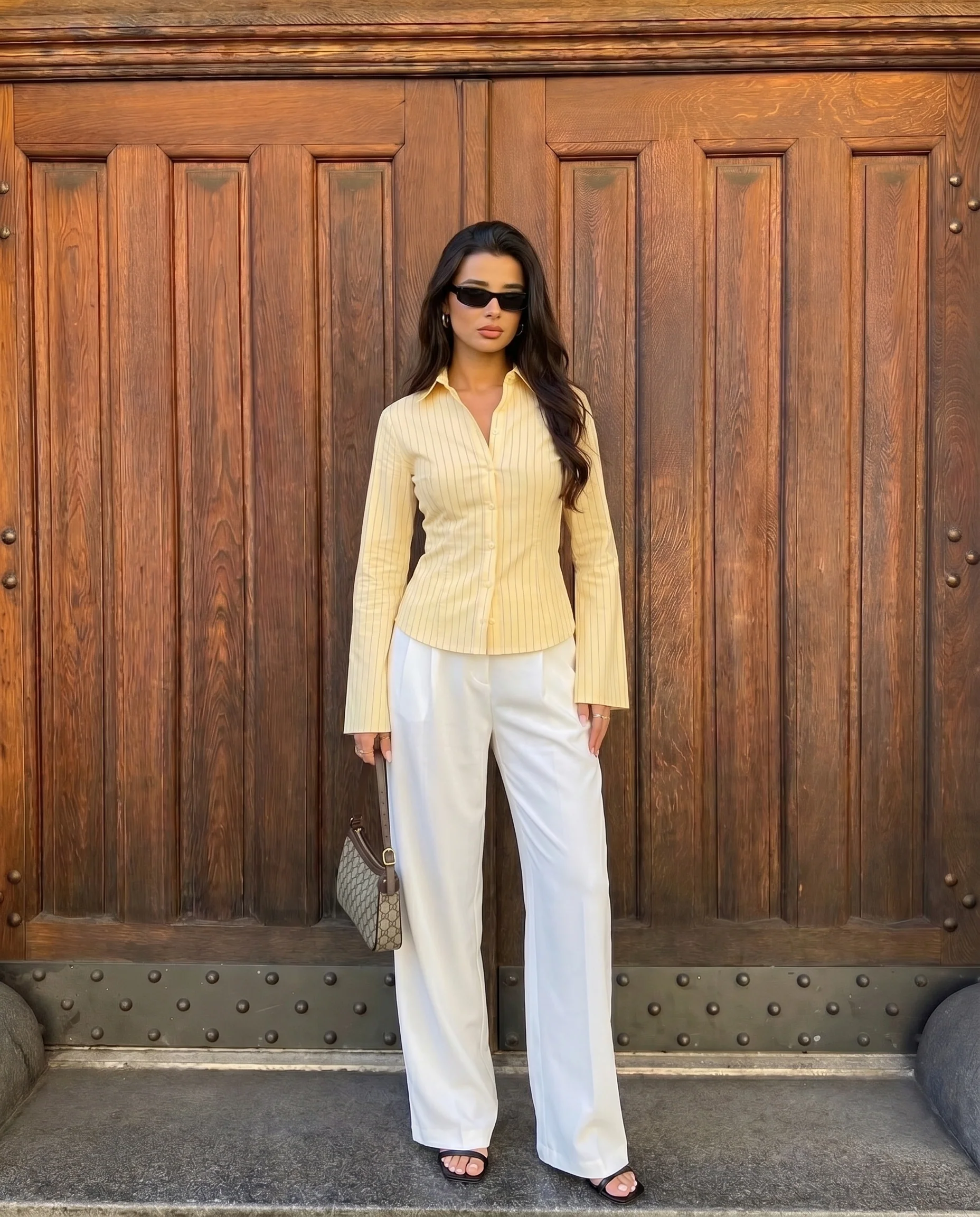 Butter Yellow Pinstripes Flared Shirt and White Pleated Pants with Belt - Image 3