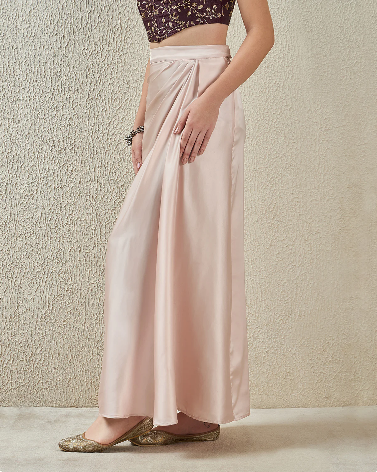 Satin Silk Draped Skirt - Champagne - Image 2