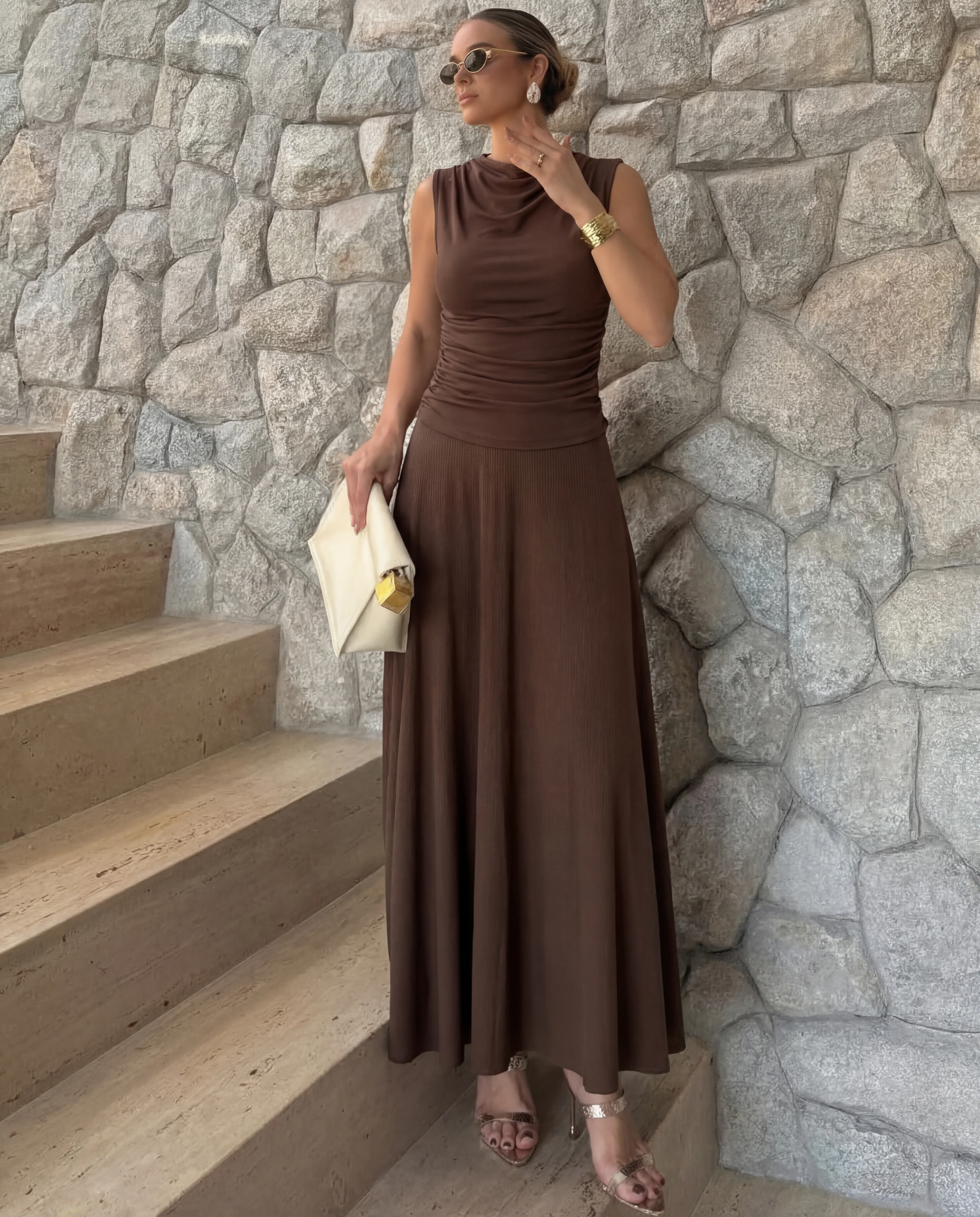 Cocoa Cowl Neck Top and Skirt Coord Set