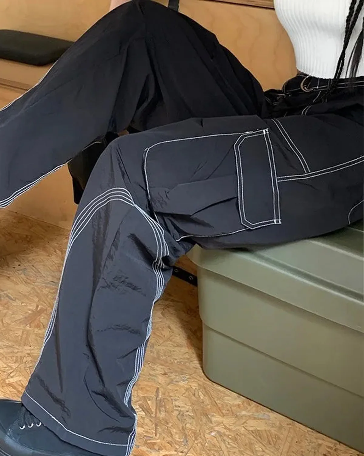 Contrast Stitch Baggy Belted Cargo - Image 6