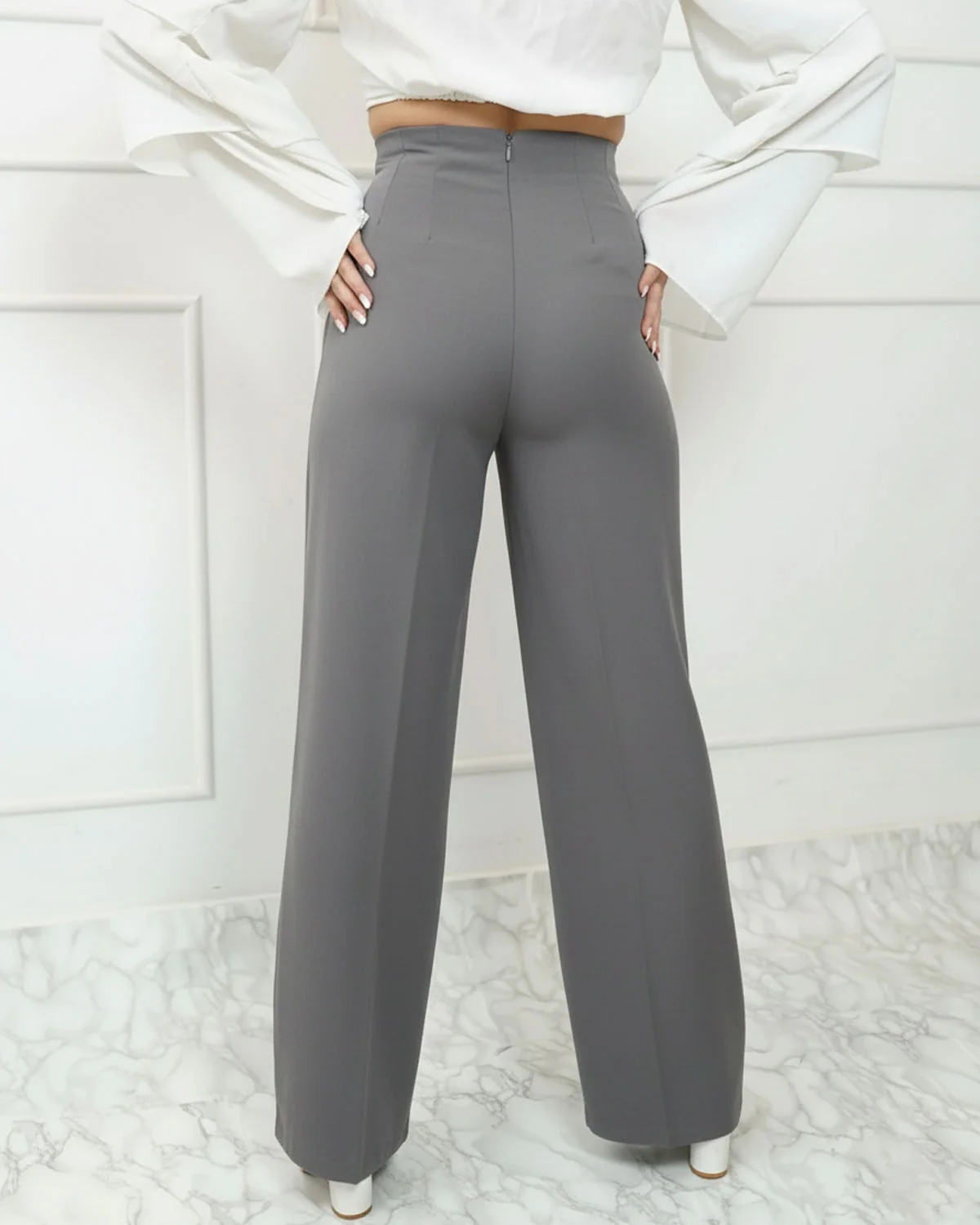 Corset Waist Pleated Pants - Light Grey - Image 3