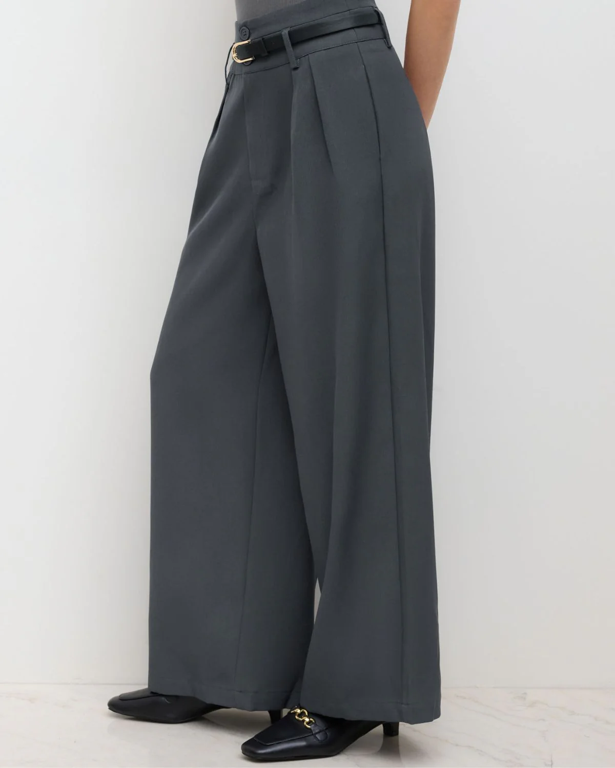 Dark Grey Pleated Pants With Belt - Image 6