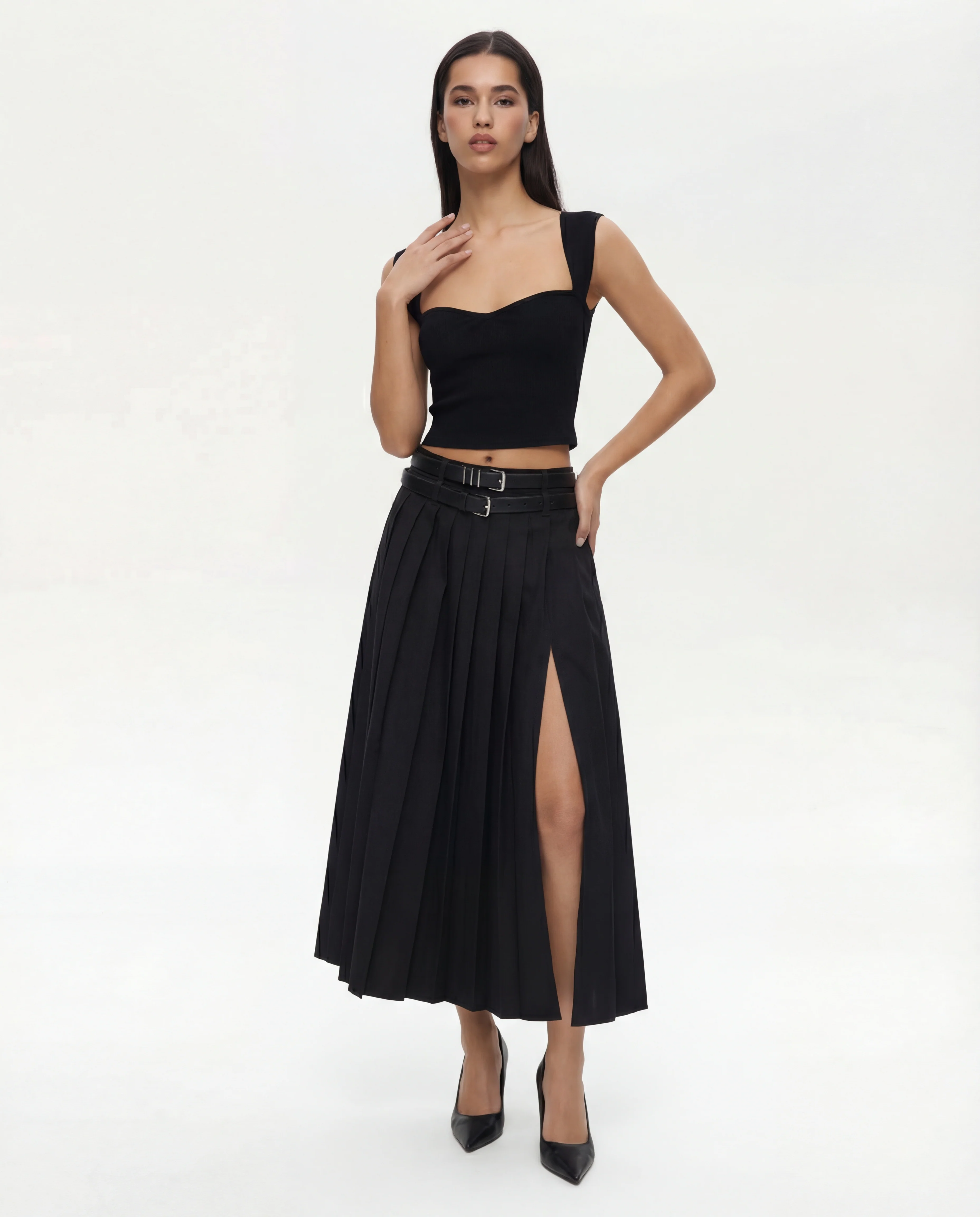Double Belted Pleated Skirt with Sweet Heart Neck Top Set - Image 3