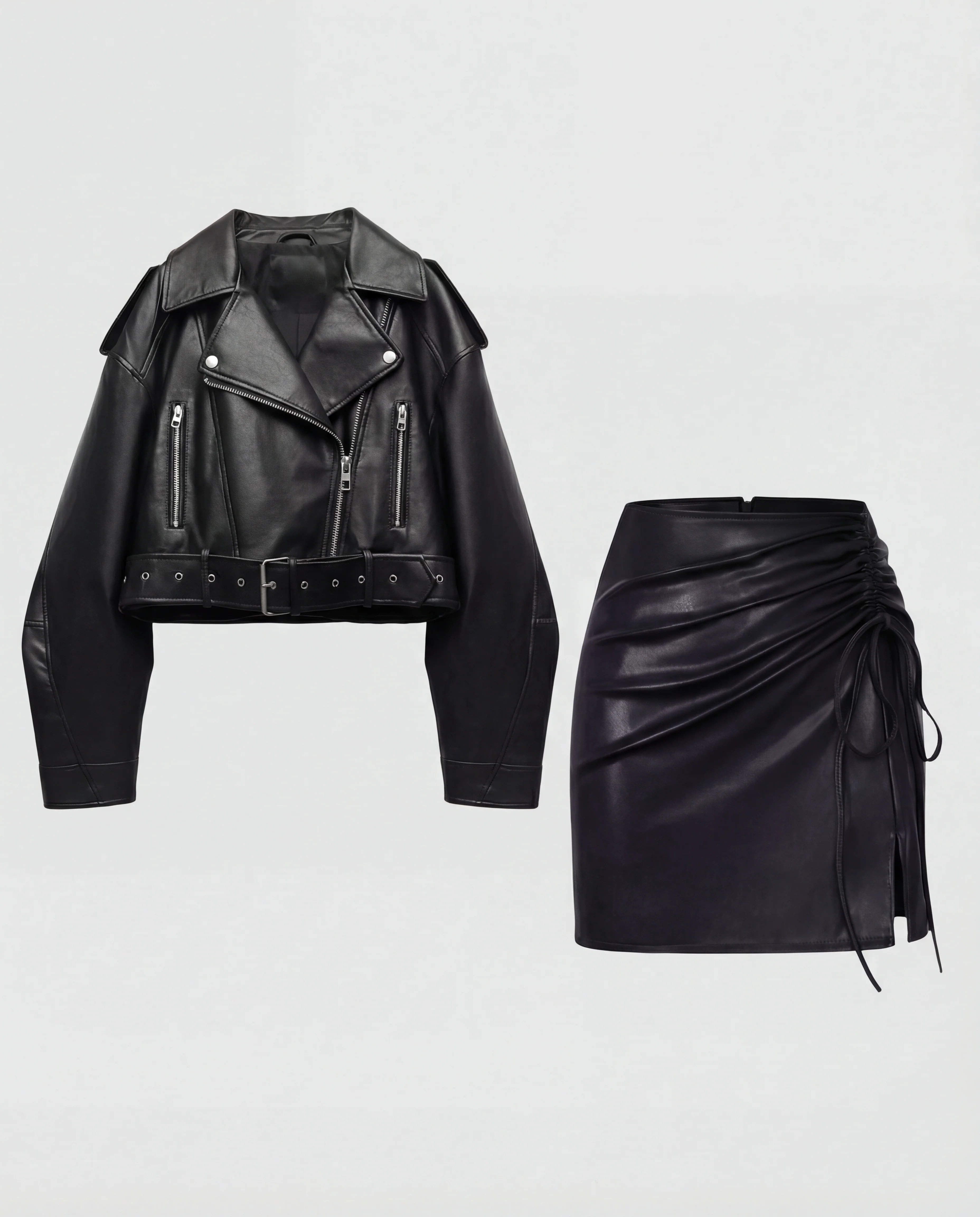 [Set of 2] Belted Leather Jacket & Ruched Leather Skirt Set - Image 6