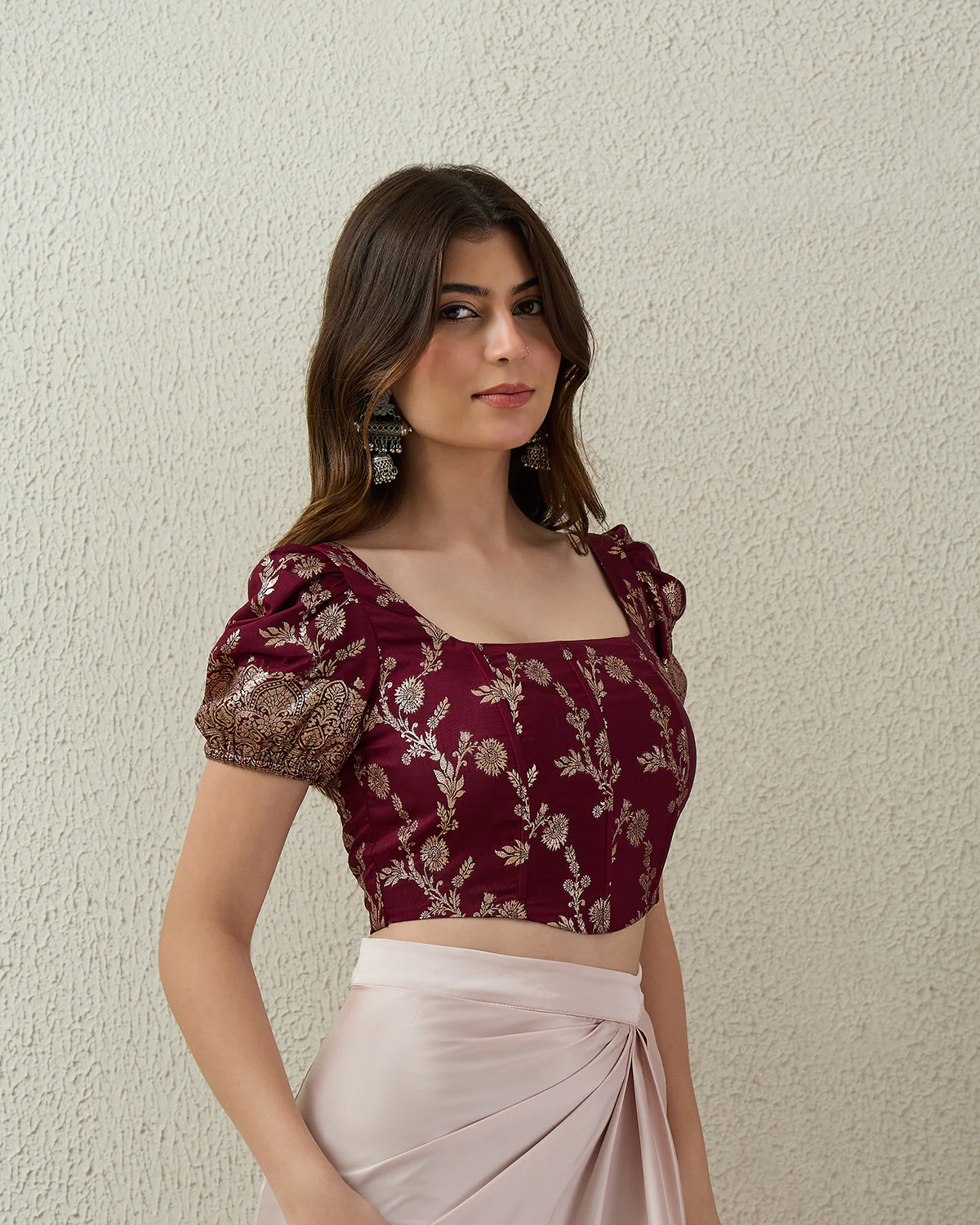 Floral Brocade Puff Sleeves Corset Top - Image 3
