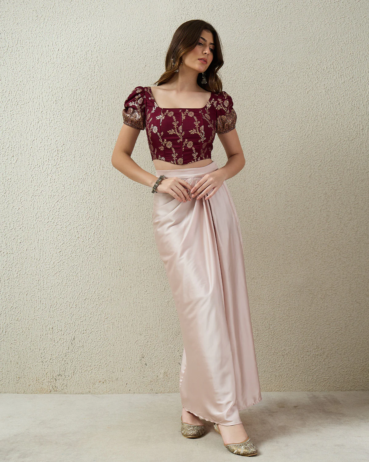 Floral Brocade Puff Sleeves Corset Top - Image 6