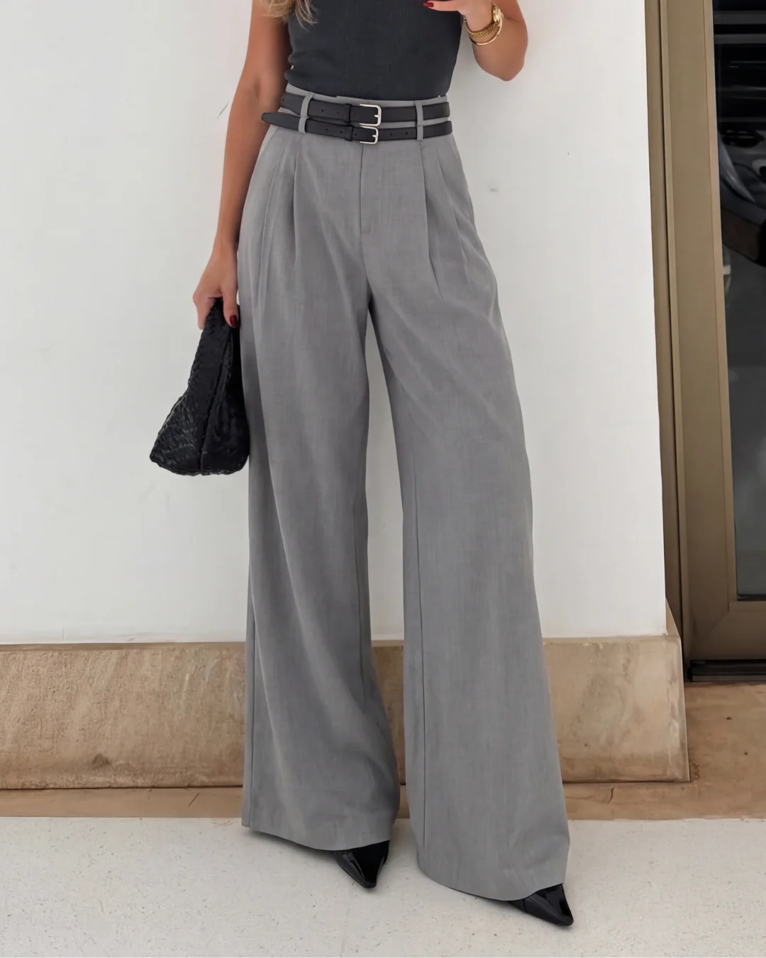 Grey High-Waist Pleated Wide-Leg Trousers With Two Detachable Belts