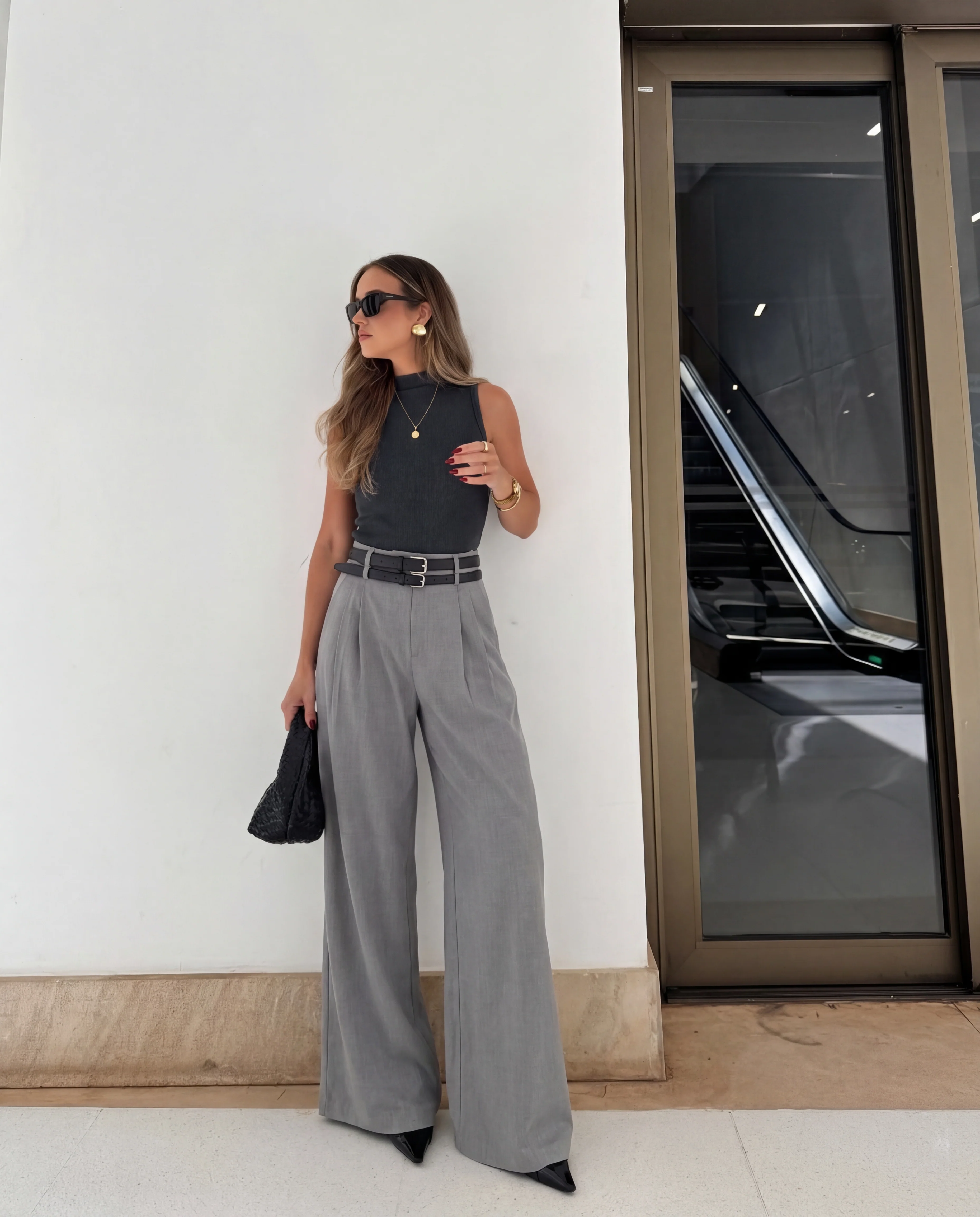Grey High-Waist Pleated Wide-Leg Trousers With Two Detachable Belts - Image 2