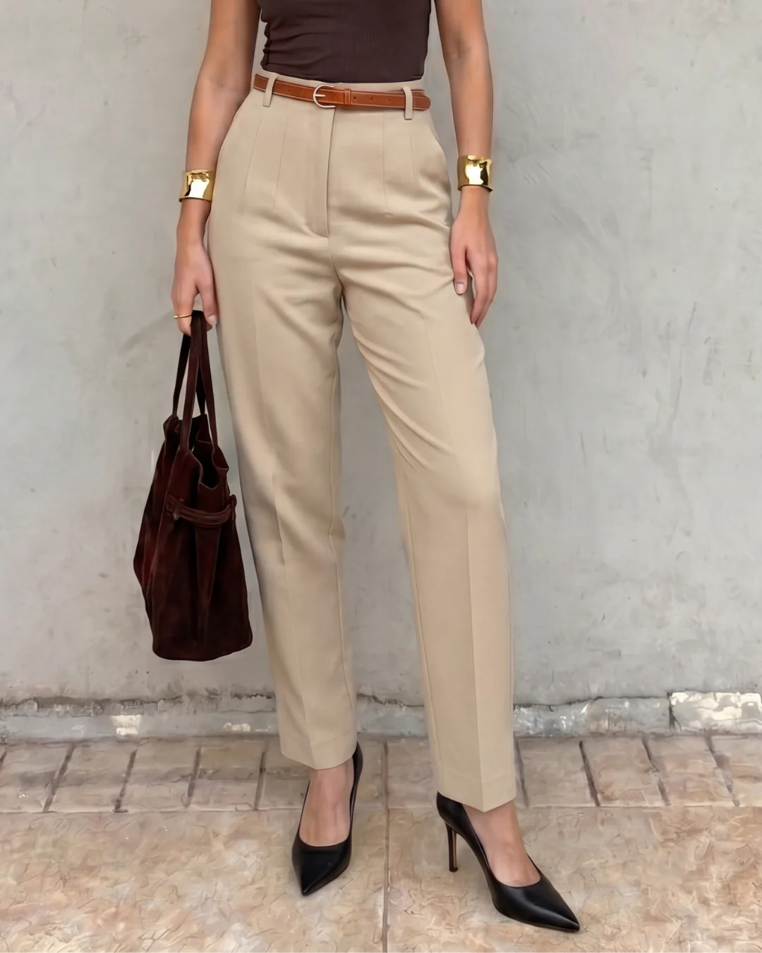 Beige High-Waist Tapered Trousers