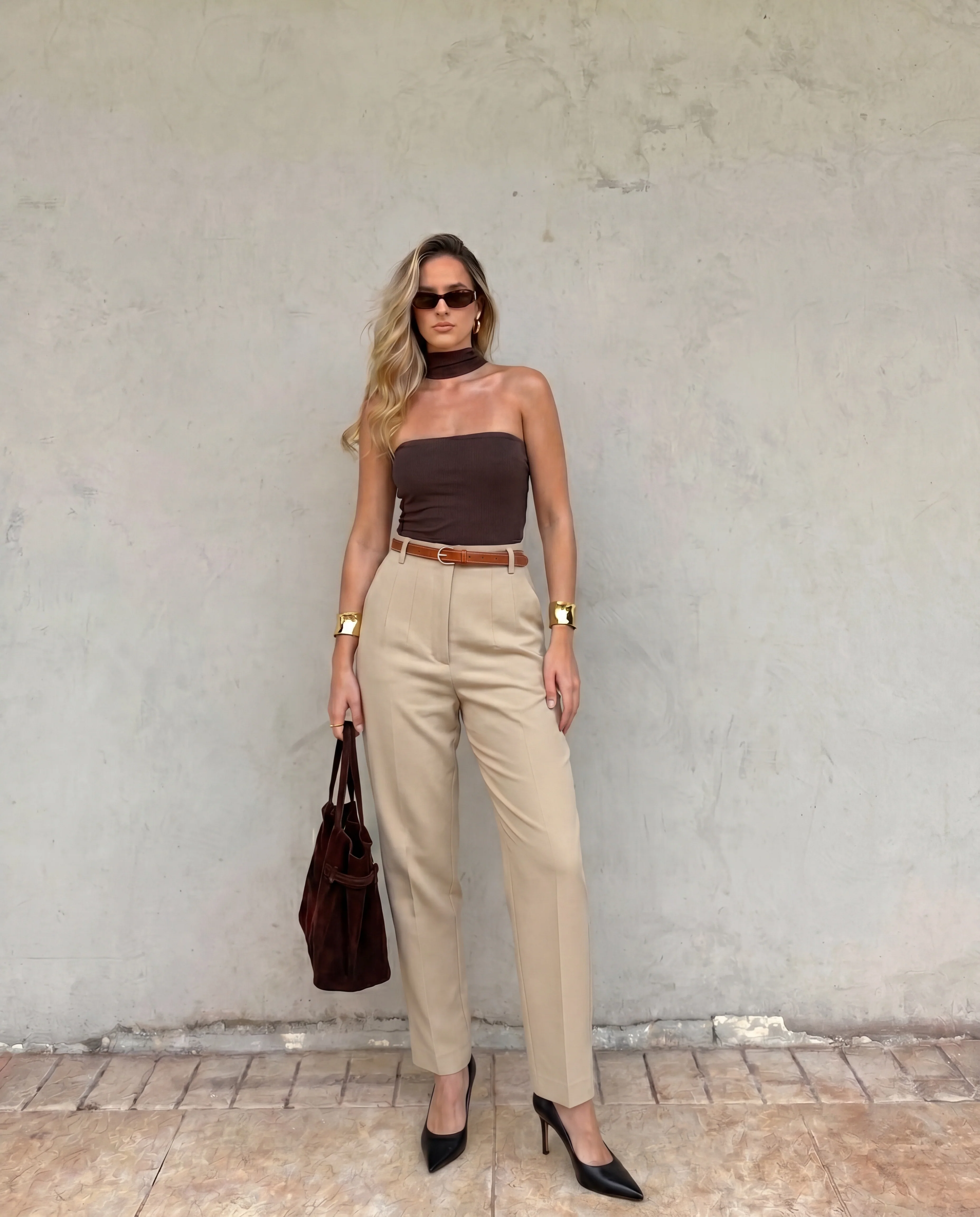 Beige High-Waist Tapered Trousers - Image 2