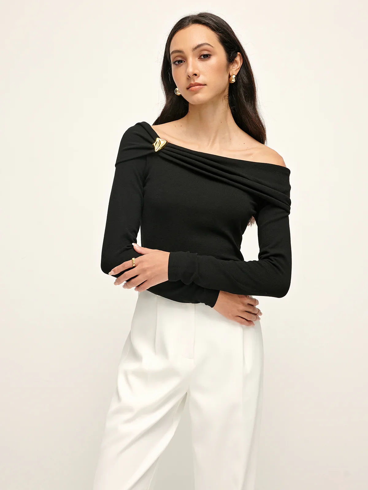 Long Sleeve Draped Off Shoulder Top