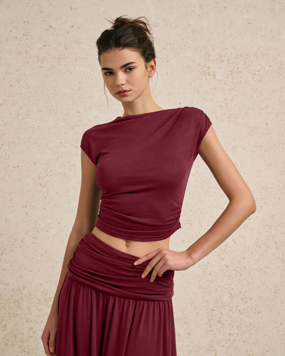 Maroon Ribbed Top And Flared Skirt Set - Image 5