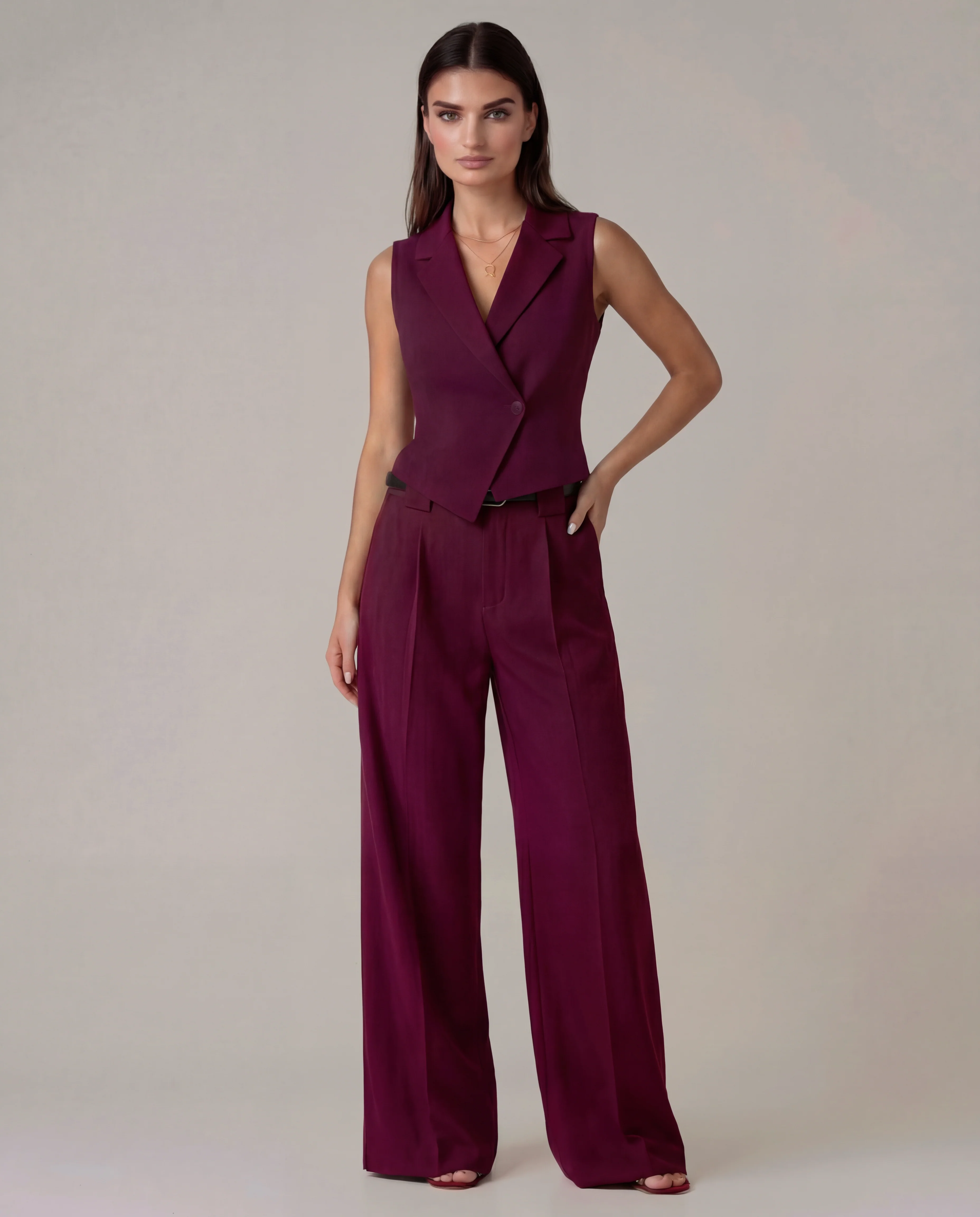 Maroon Vest And Pleated Trousers Set (Belt Included) - Image 3
