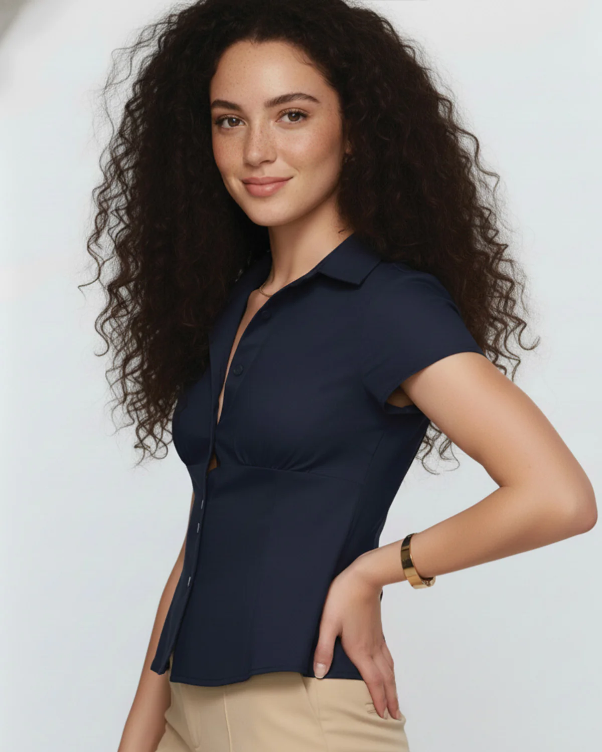 Navy Blue Waist Fitted Cotton Shirt - Image 2