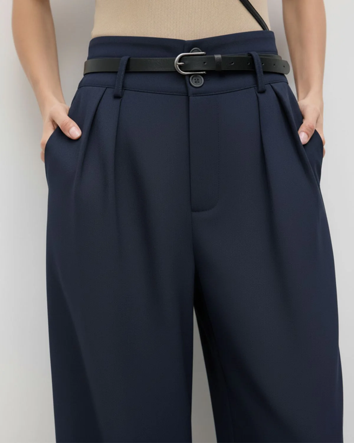 Navy Pleated Pants With Belt - Image 7