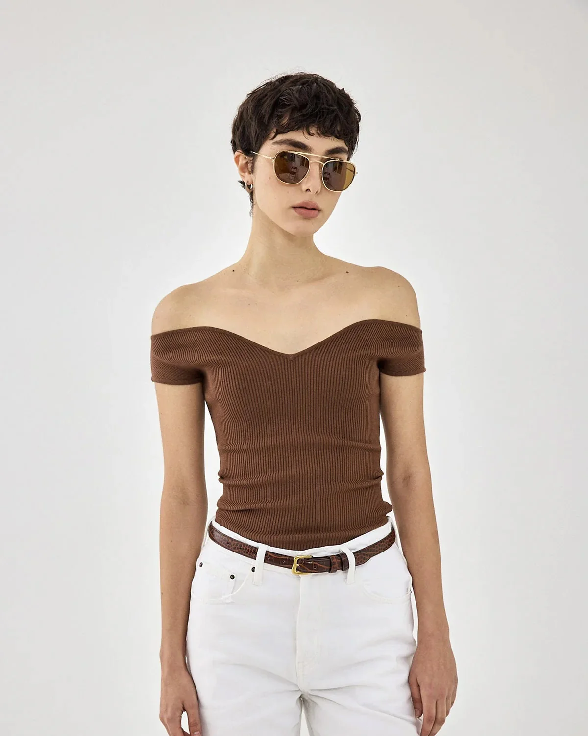 Off Shoulder Princess Cut Neck Brown Top