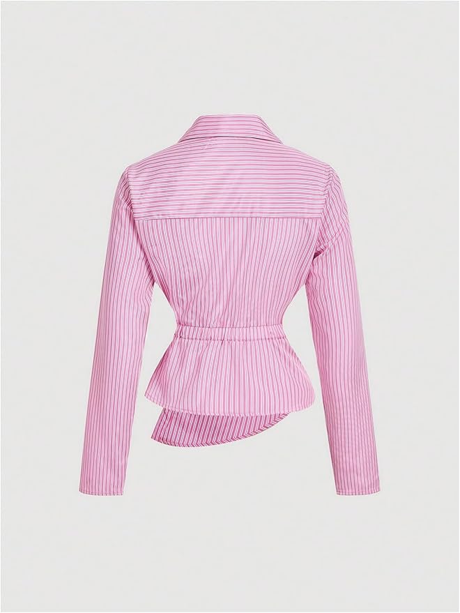 Pink Stripe Asymmetric Hem Shirt - Image 2