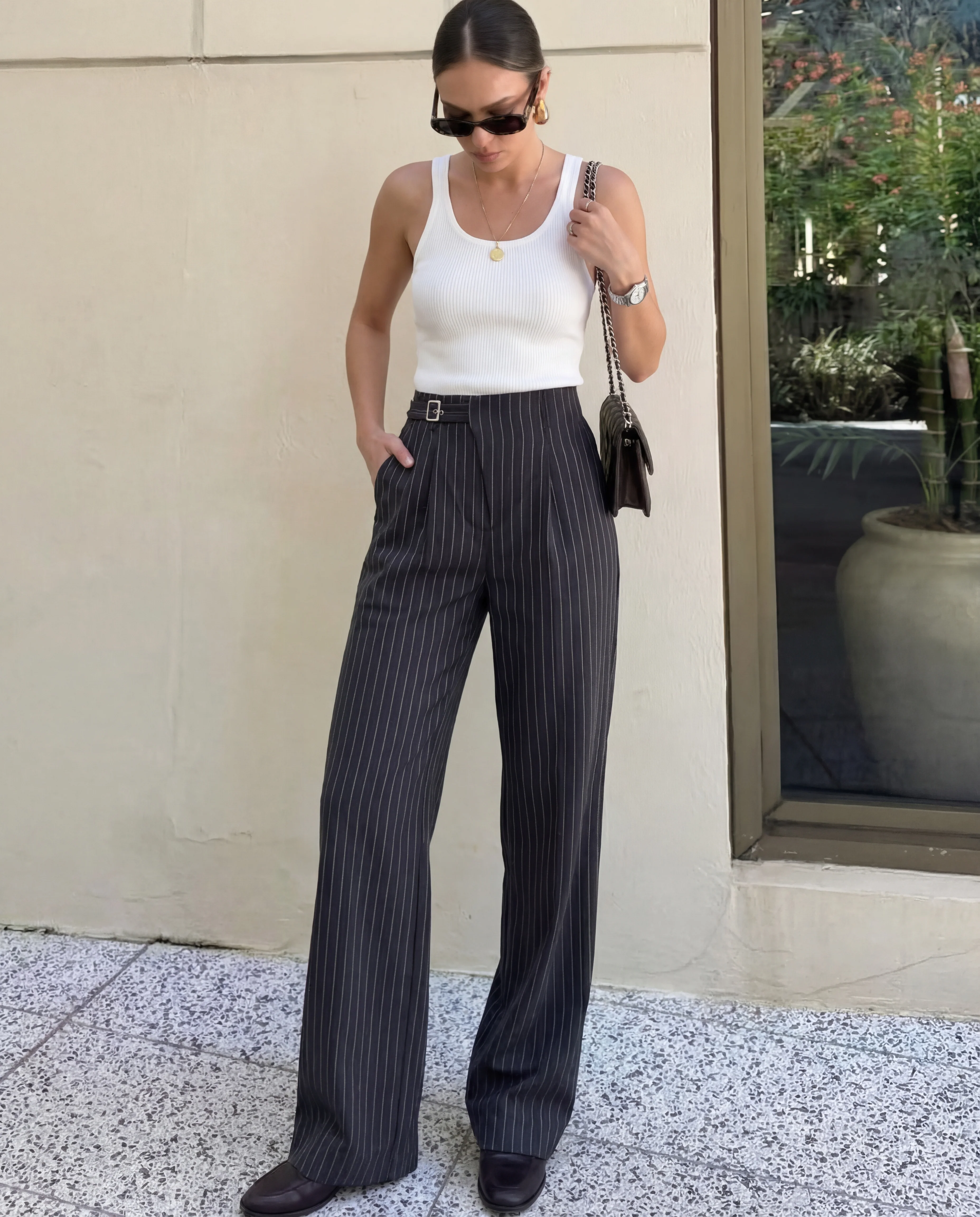 Pinstriped Belt Detail Wide Leg Pants - Image 8